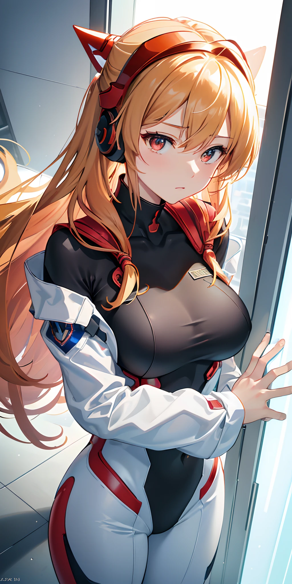 (Overhead view),dynamic angle,ultra-detailed, illustration, close-up, straight on, 1girl, 
 ((souryuu asuka langley, interface headset, red bodysuit:1.4, blonde)),Her eyes shone like dreamy stars,(glowing eyes:1.233),(beautiful and detailed eyes:1.1),(expressionless,closed mouth),(standing), 
(mechanic room with toolsand spaceship windowin a white SPACESHIP),
(night:1.2),dreamy, [[delicate fingers and hands:0.55]::0.85],(detail fingers),