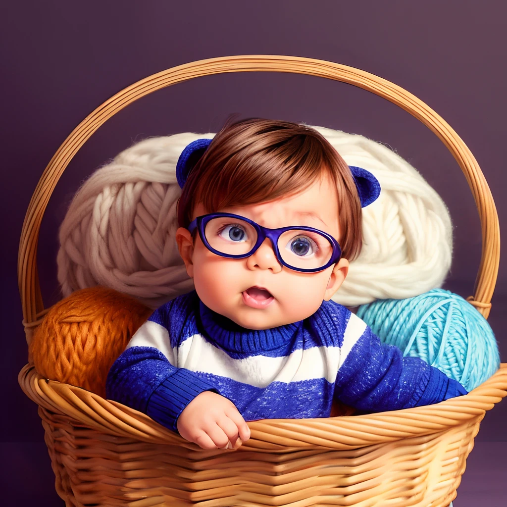 "2D cartoon style illustration and vector of a 1-year-old baby wearing glasses, dressed in a striped knit sweater with a ((design de urso na frente)). He's inside a wicker basket filled with wool balls. Professional studio photography with chiaroscuro lighting, 8K resolution."