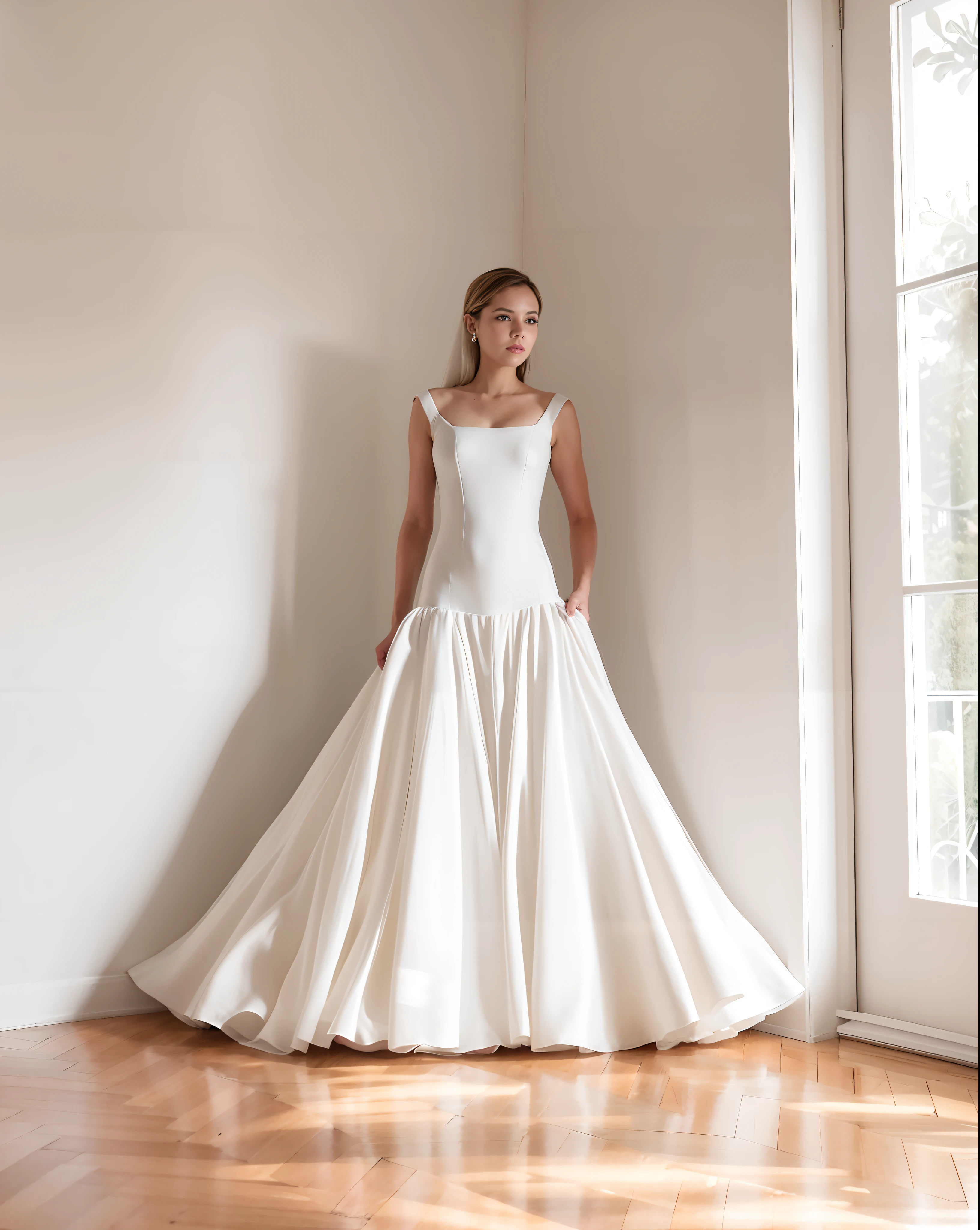 Arafed woman in a white wedding dress standing in a room, fluttering dress, modest flowing gown, vestido elegante macio, vestido real branco, vestido branco, vestido vestido bonito vestido, white flowing dress, vestido de noiva, romantic gown, deslumbrante elegante, vestido bonito, vestido intrincado, long flowing fabric, lindo vestido de noiva, formas fluidas e elegantes, vestido, deslumbrante vestido de marfim, Flowing dress