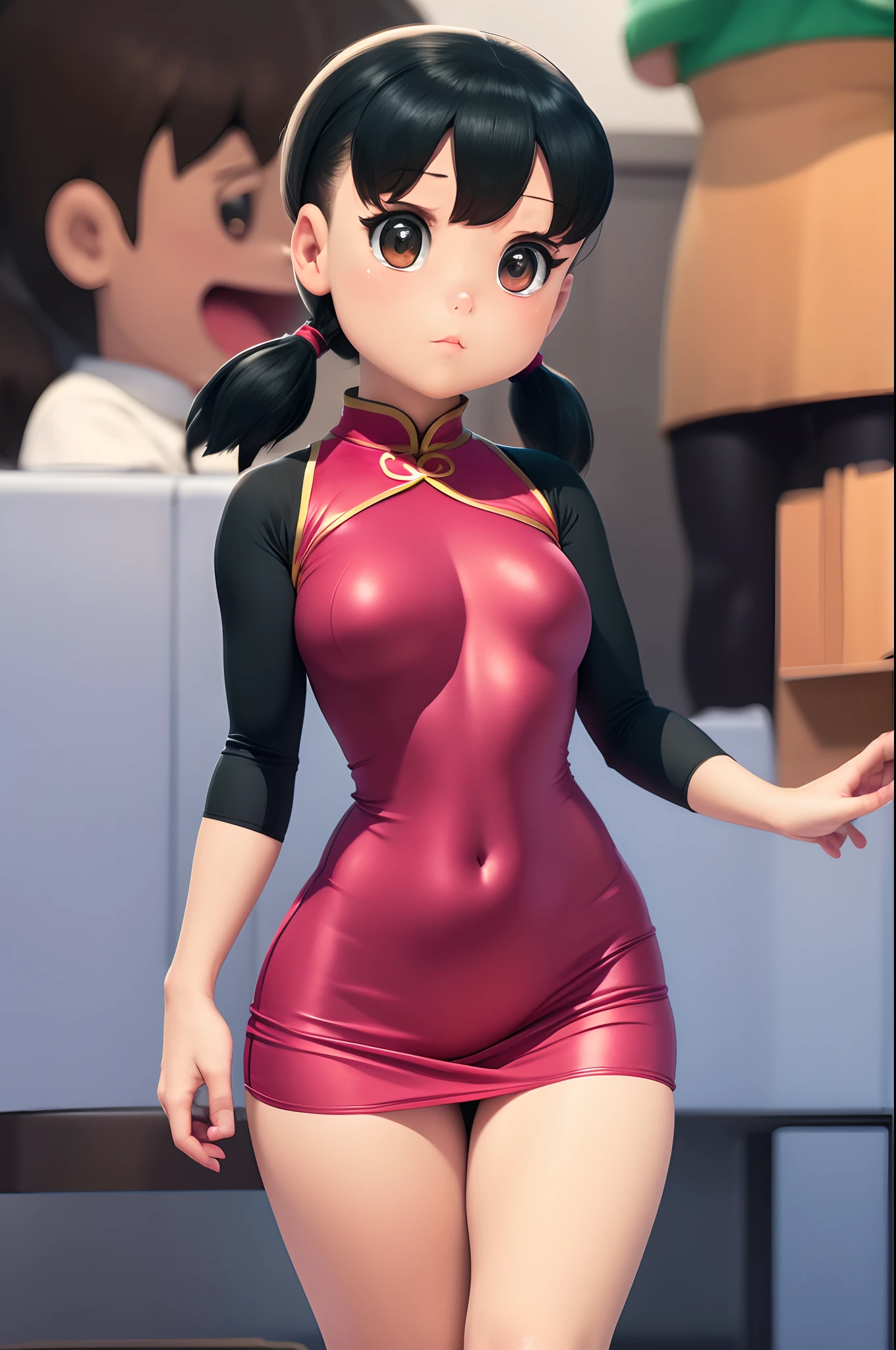 8K，hightquality，​masterpiece，1girll, SOLO, shizuka, Low-cut cheongsam，(huge tit:1.3, Black hair low double ponytail cartoon big breasts girl