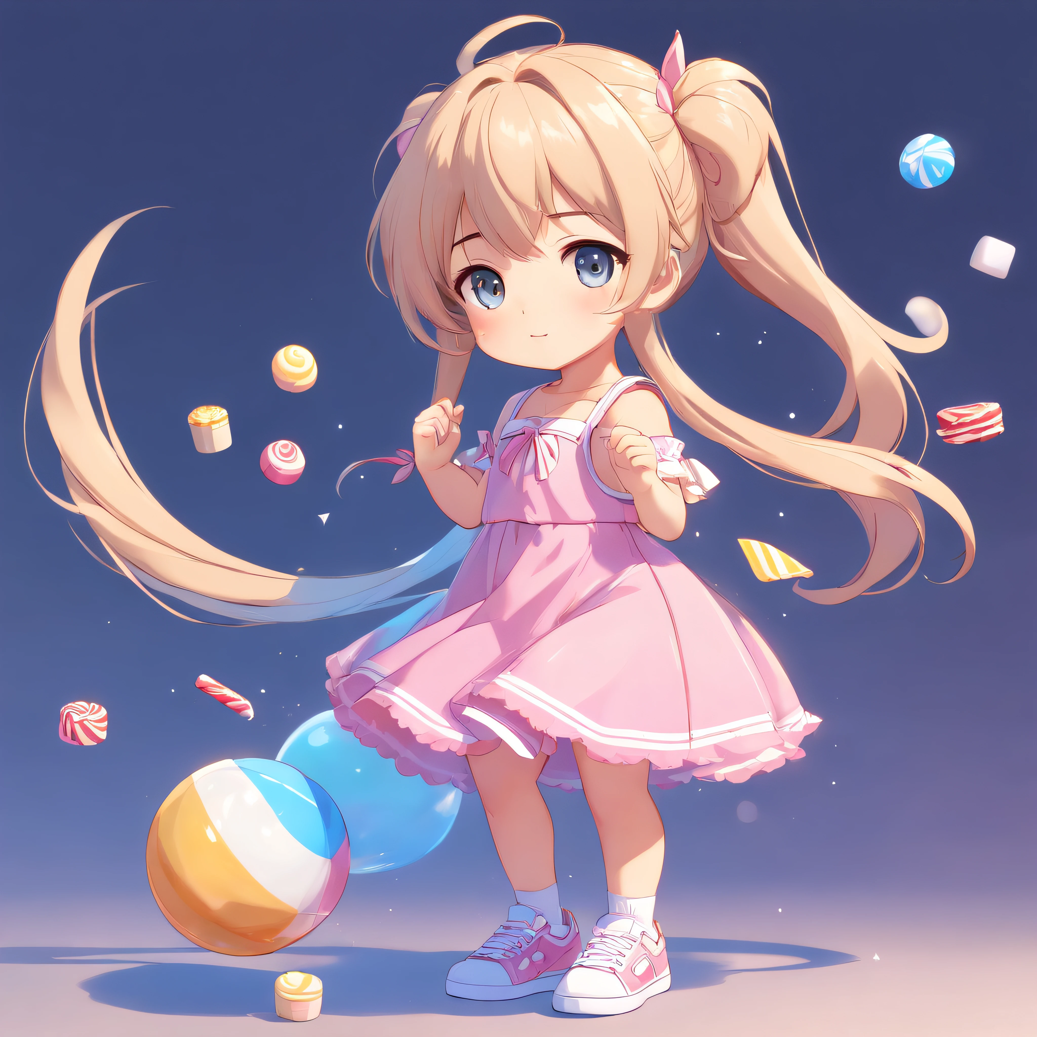cute, chibi, a little baby girl, light skin, golden eyes, blue long hair, pink and blue pastel color party dress with candy designs, white sneakers, portrait, 3D rendering, high quality, ( plain background), (perfect hands), (full body), female, 8k.