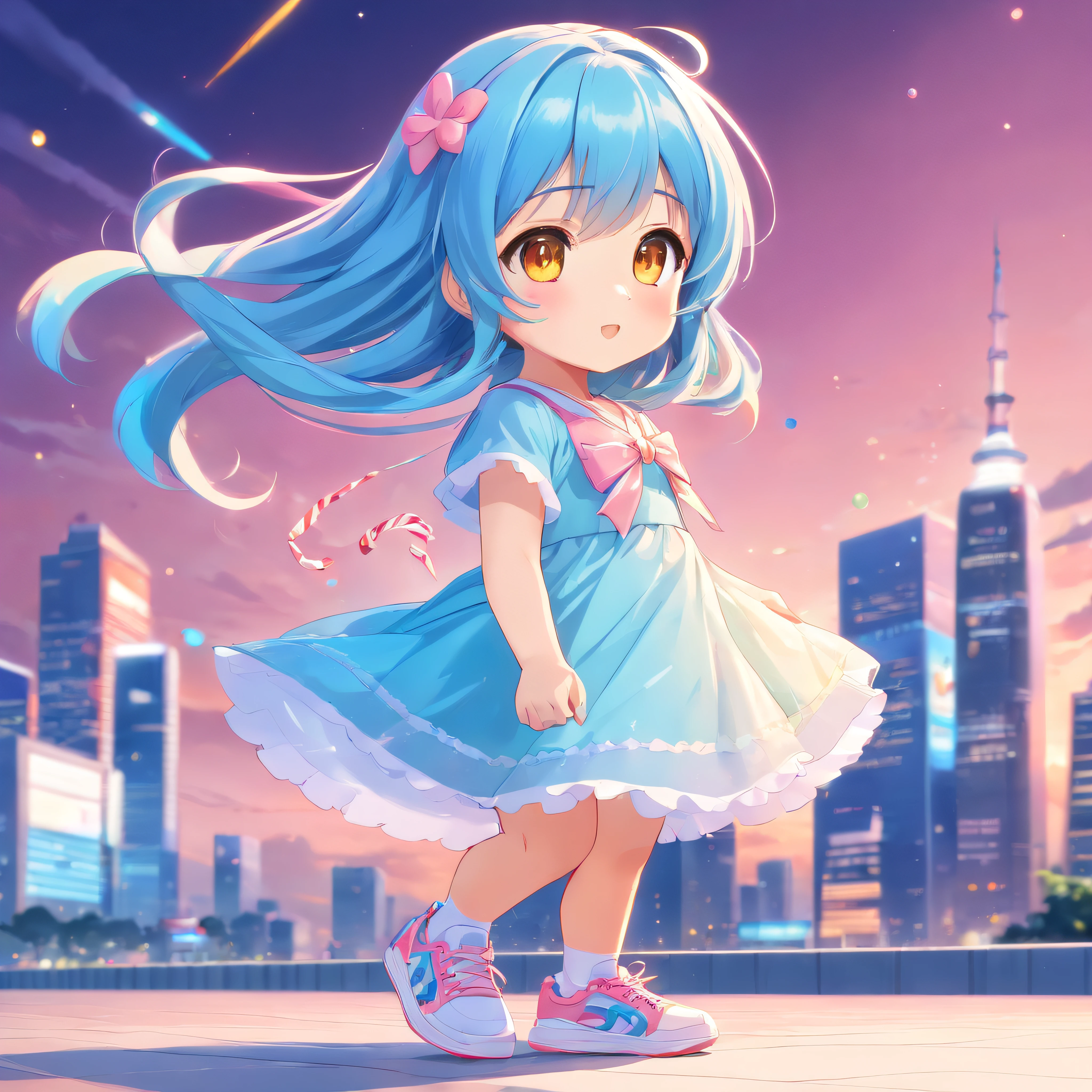 cute, chibi, a little baby girl, light skin, golden eyes, blue long hair, pink and blue pastel color party dress with candy designs, white sneakers, portrait, 3D rendering, high quality, ( plain background), (perfect hands), (full body), female, 8k.