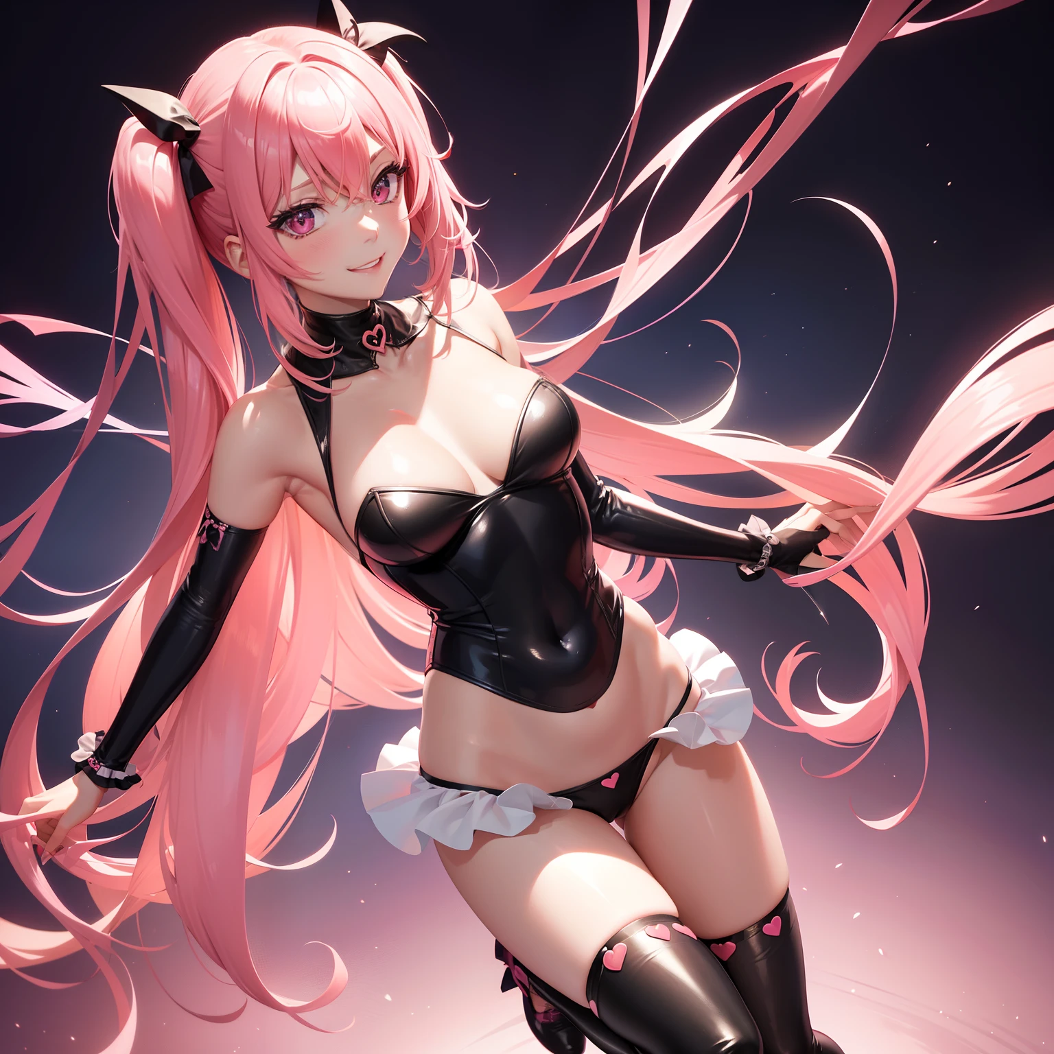 full body Esbian, masutepiece: 1.2, Highest Quality), (Live-action, elaborate details), (1 Lady, Solo, Upper body,) Clothing: Edgy, Black long jumper, pink miniskirt, long hair with pink twin tails,,,、Mini Characters、Avant-garde, Experimental appearance: Long pink twin tail hair 、Heart-shaped choker、The location: bustling city、Solo, Nice smile、Value Creation in Mixed Media Art: individuality, authenticity, Creative expression、Cute mini characters