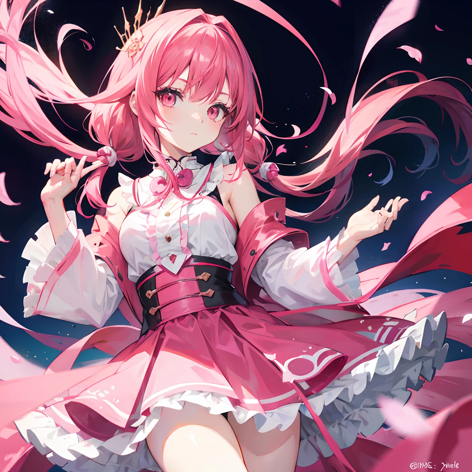 anime girl,long pink hair,red eyes,wearing pink j-pop idol clothes