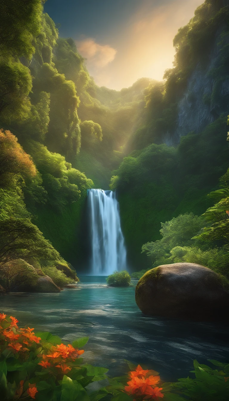 Hyper realistic 8k, ultra detailed, (Best Quality digital illustration Masterpiece of planet Earth in outer space), ((No Man)) (Beautiful planet Earth Illustration), (vivid Green nature and vegetation), (flowering plants), ((waterfall)), (Bright Stars), (Hyperdetail, Dynamic Camera), (Wide Angle), (Celestial Lighting), (Vivid Colors and Saturation), (trending on artstation,