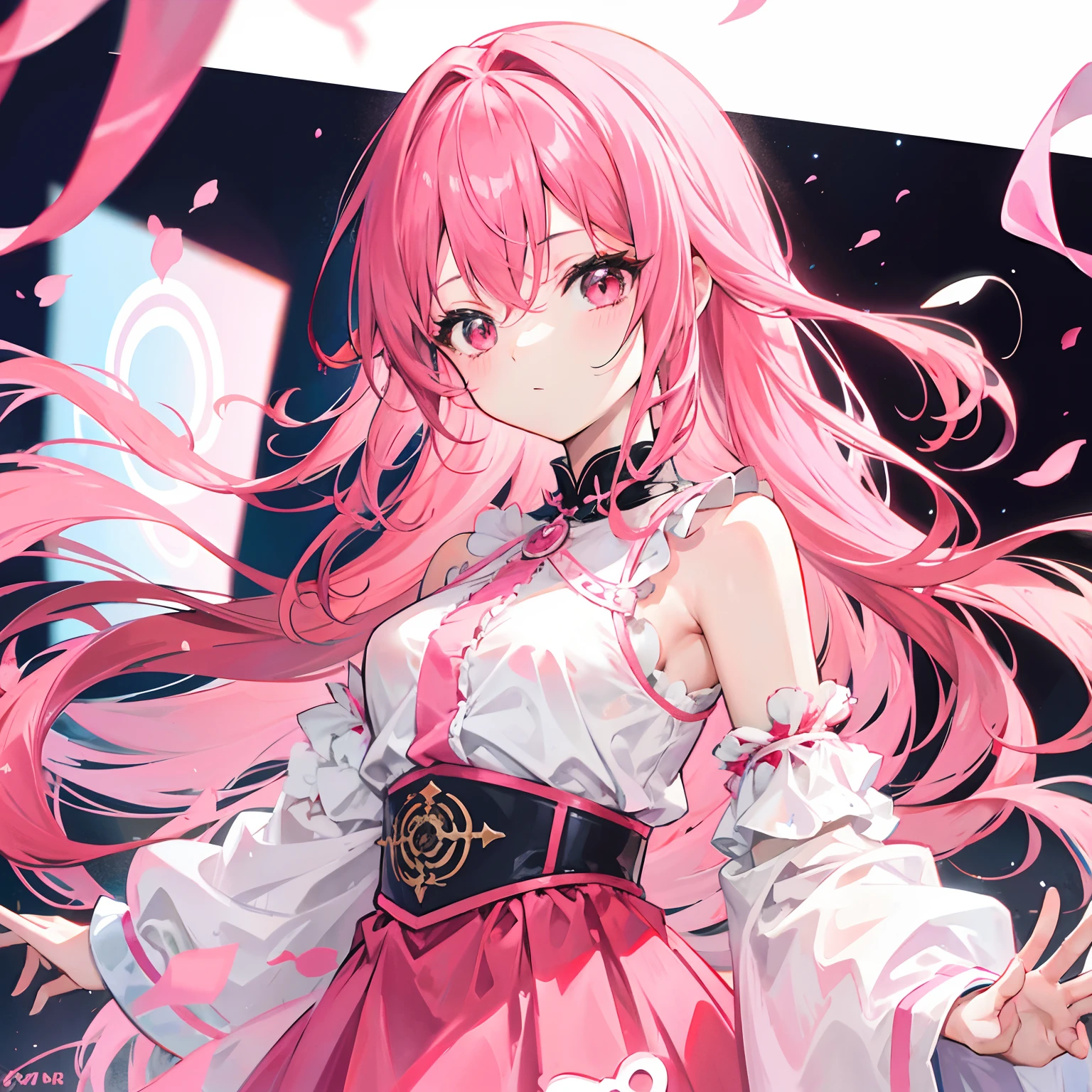 anime girl,long pink hair,red eyes,wearing pink j-pop idol clothes