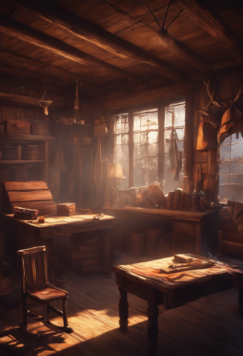 (Best quality,4K,8K,A high resolution,Masterpiece:1.2),Ultra-detailed,(Realistic,Photorealistic,photo-realistic:1.37),Red Dead Redemption 2 art style,Dark room,1899 Western style,Sheriff's Office,Sheriff's office decoration, Six sheriffs stood in front of the table,The sheriff has,Sheriff's badge,Wooden desk,Oil painting texture,vintage vibes,Vibrant colors,Soft lighting,Wanted poster hanging on the wall,Old wooden walls and floors,Strong shadows,Leather chair,Dusty air,Aging artifacts,Authentic costumes,Cowboy boots,Revolver holster,Prison cell in the background,Old files on the table,Authentic Western rifles,Antique furniture,sunlight streaming through the window,Whiskey bottle on the table,handwritten letters,Flame-twinkling fireplace,Wild West landscape painting in background,6 men, Six sheriffs standing