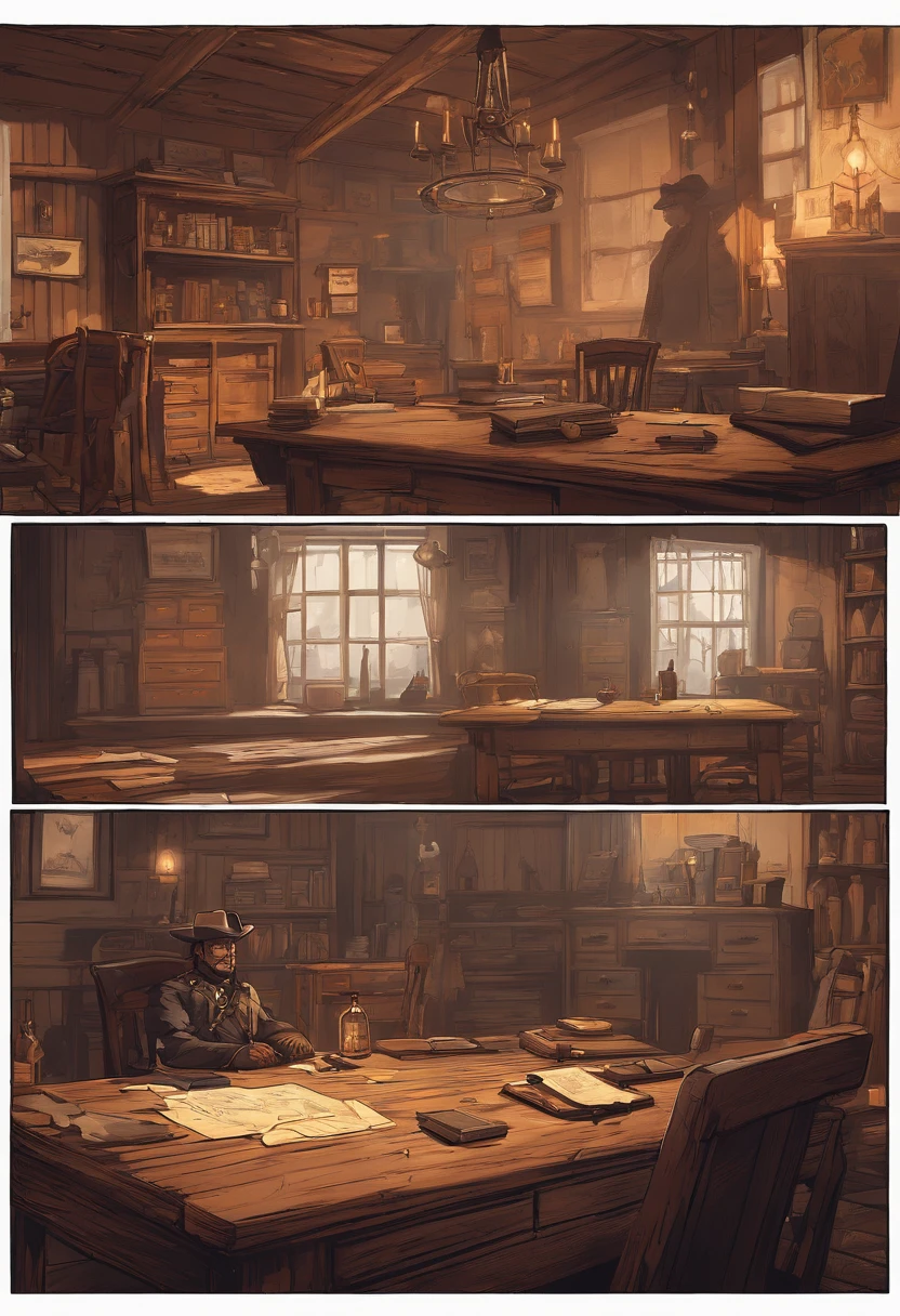 (Best quality,4K,8K,A high resolution,Masterpiece:1.2),Ultra-detailed,(Realistic,Photorealistic,photo-realistic:1.37),Red Dead Redemption 2 art style,Dark room,1899 Western style,Sheriff's Office,Sheriff's office decoration, Six sheriffs stood in front of the table,The sheriff has,Sheriff's badge,Wooden desk,Oil painting texture,vintage vibes,Vibrant colors,Soft lighting,Wanted poster hanging on the wall,Old wooden walls and floors,Strong shadows,Leather chair,Dusty air,Aging artifacts,Authentic costumes,Cowboy boots,Revolver holster,Prison cell in the background,Old files on the table,Authentic Western rifles,Antique furniture,sunlight streaming through the window,Whiskey bottle on the table,handwritten letters,Flame-twinkling fireplace,Wild West landscape painting in background,6 men, Six sheriffs standing