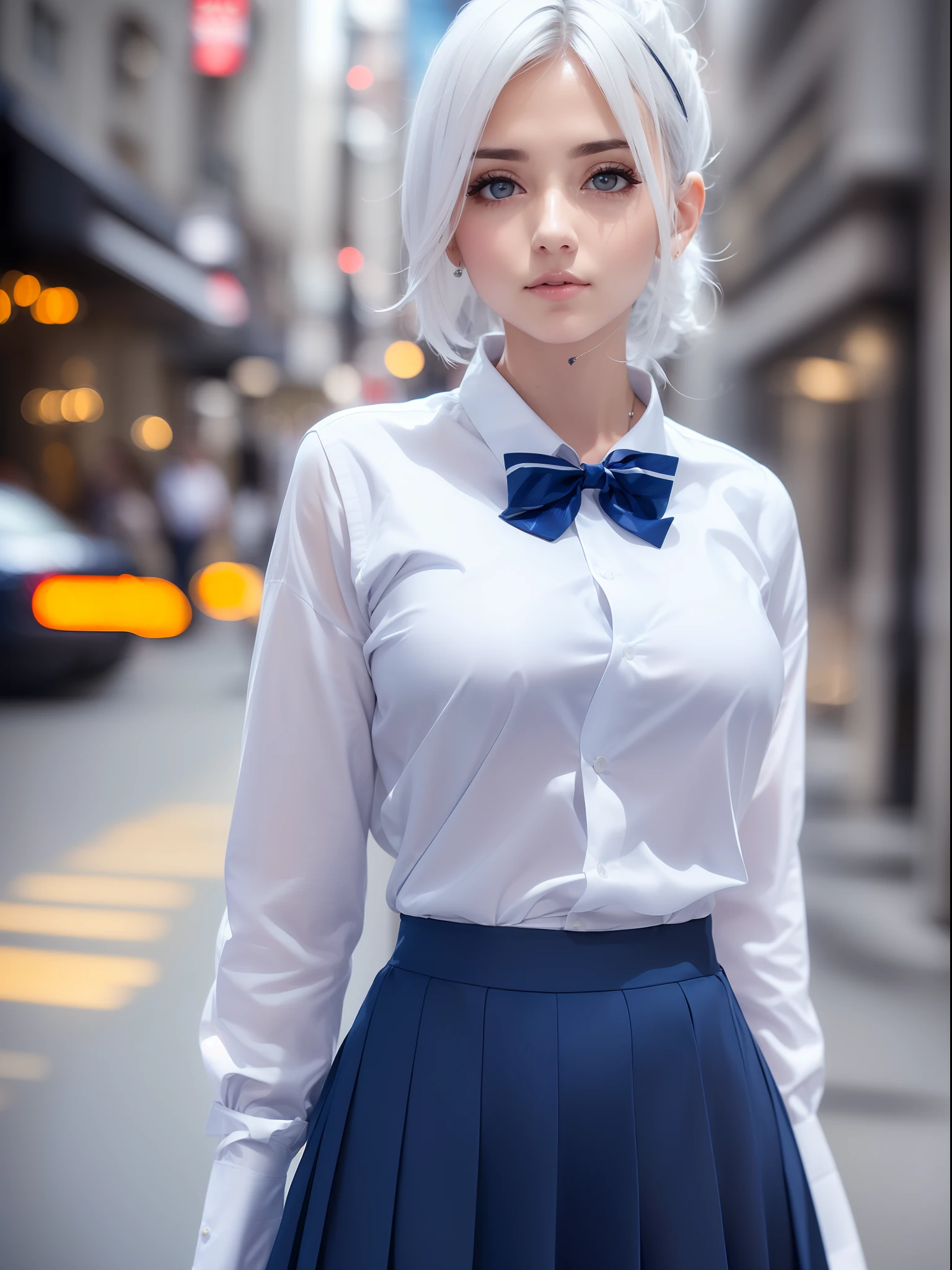 (8k, RAW photo, masterpiece:1.3), (realistic, photo-realistic:1.37), (night), (looking at viewer:1.331), (white hair), posing, Tokyo street, nightcityscape, cyberpunk city, soft light, 1girl, extremely beautiful face, bust, put down hands, Random hairstyle, Random expression, big eyes, lower abdomen, (short-sleeved .JK_shirt), JK_style, (dark blue JK_skirt), (bow JK_tie), mix4., best quality