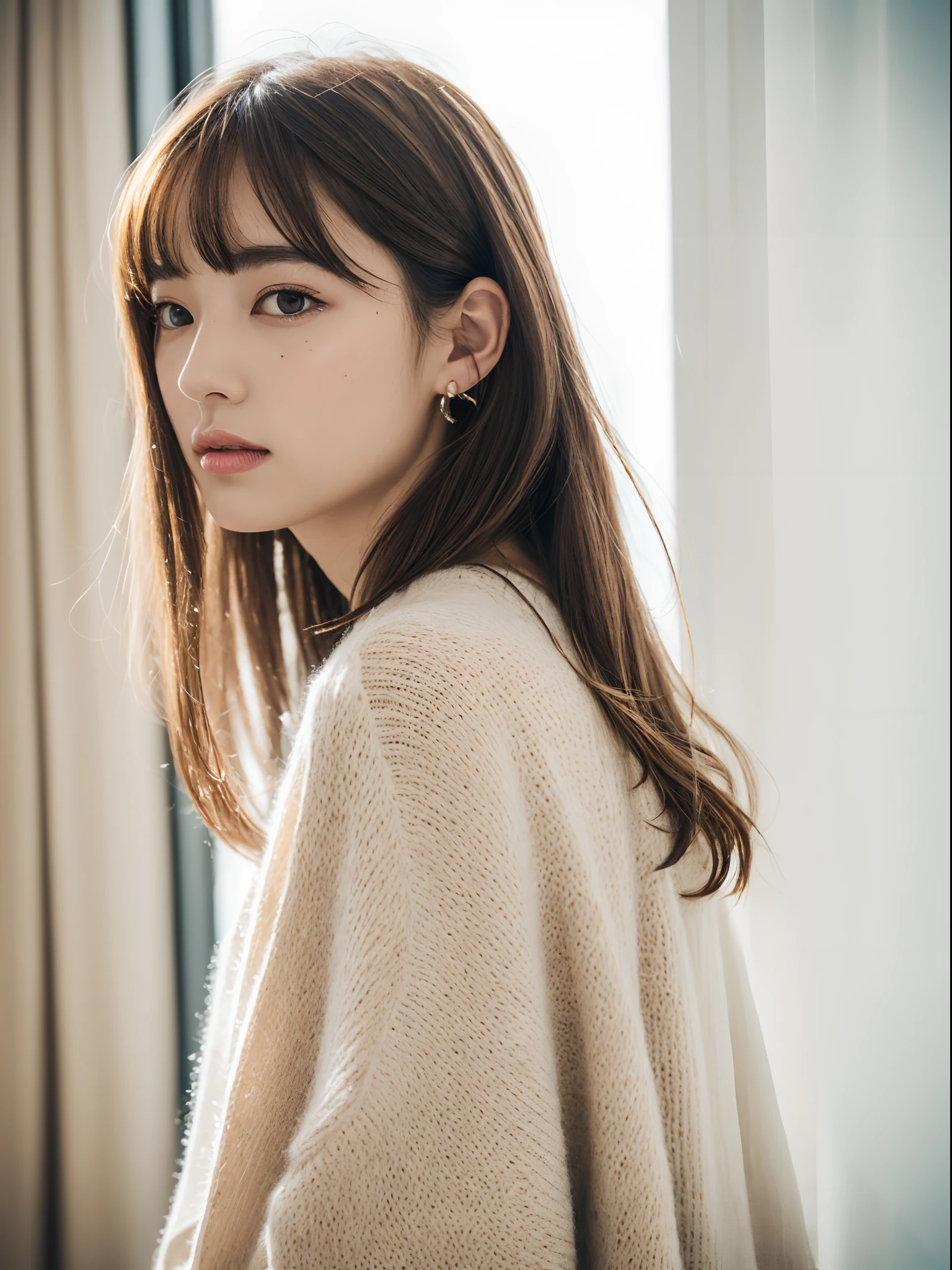 top-quality:1.3、​masterpiece、hight resolution、［1 girl in］、｛独奏｝、Raw photo、Real person、Photo of a seductive woman with a loose style of brown hair, Pose in the room, tedium, mascara, ,(Textured skin, Skin pores:1.1), (Mole:0.8), (Imperfect skin:1.1) intricate detailes, goose bumps, face perfect, (hitornfreckles:0.9), ((Photorealsitic):1.1), (Unripe, 8K:1.2), murky, Subdued Color,、Detailed skin、japanes、thin bunches of bangs、waved hair、Floating hair、fullllbody,Sweat knitwear、catchlight、piercings、a necklace、white walls