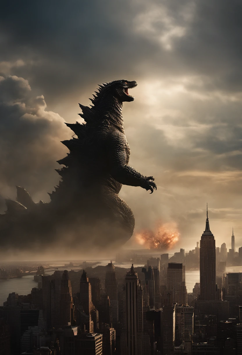 Godzilla arrives in New York、Destroying the city、Crumbling buildings、Broken Brooklyn Bridge、Fleeing person々々、a scene from a movie、Giant monster、Cinematic lighting、Stunning image quality、top-quality、8K,masterpiece:1.4、Aerial view、Too huge、Bigger than Bill、Fine details、ultra-detailliert、King of the Monsters、SHINES