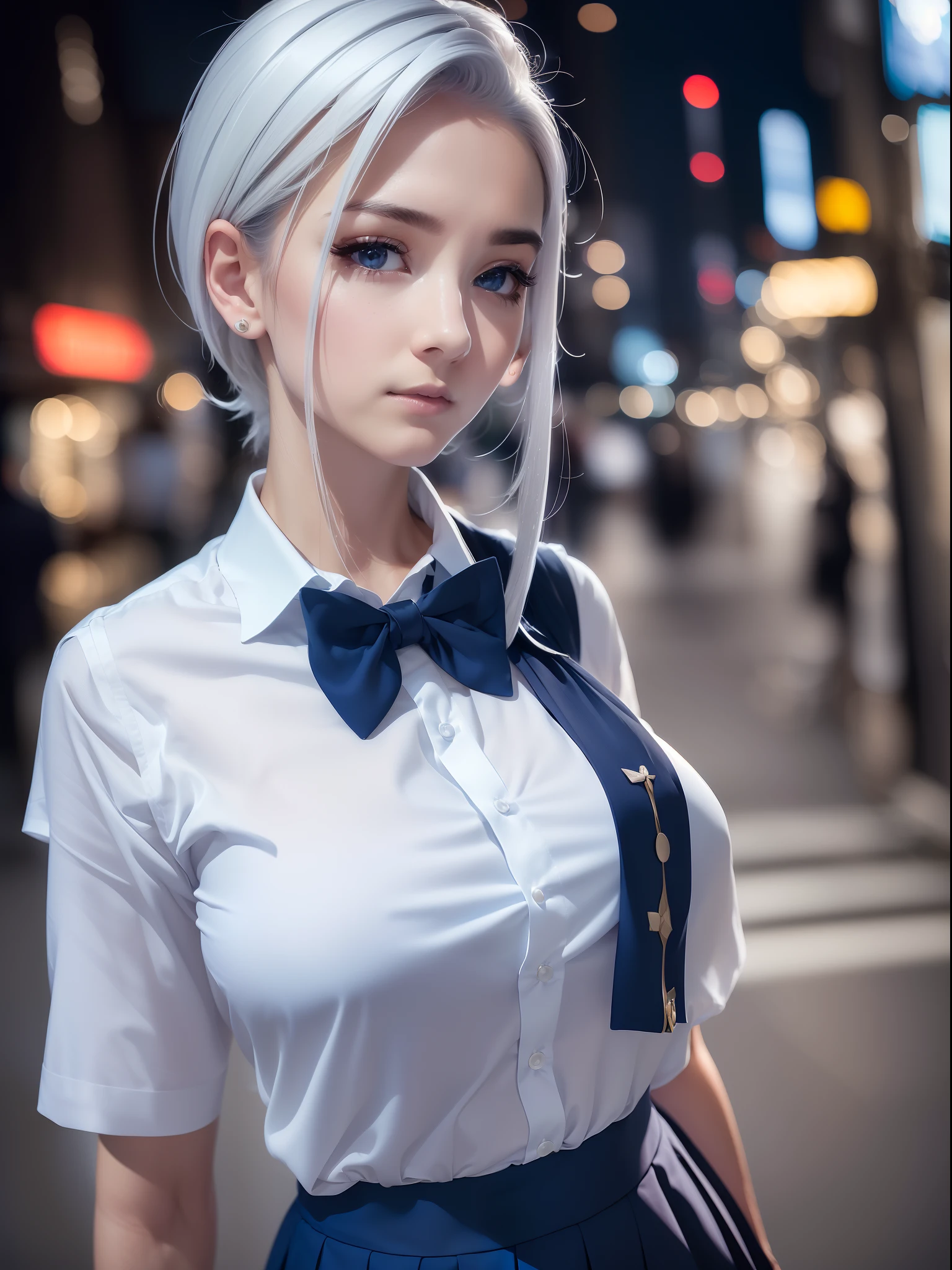 (8k, RAW photo, masterpiece:1.3), (realistic, photo-realistic:1.37), (night), (looking at viewer:1.331), (white hair), posing, Tokyo street, nightcityscape, cyberpunk city, soft light, 1girl, extremely beautiful face, bust, put down hands, Random hairstyle, Random expression, big eyes, lower abdomen, (short-sleeved .JK_shirt), JK_style, (dark blue JK_skirt), (bow JK_tie), mix4., best quality