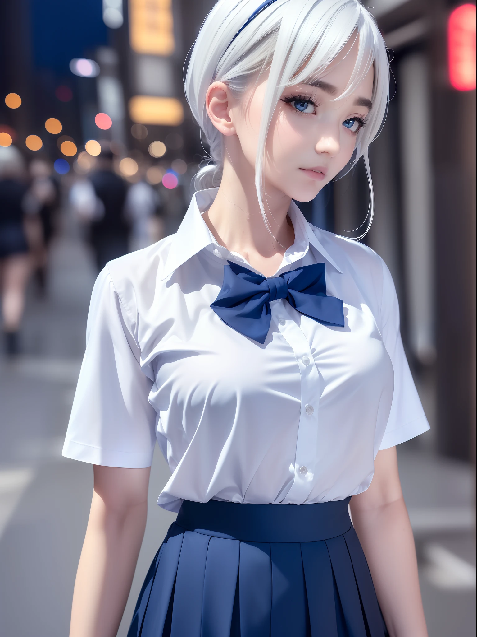 (8k, RAW photo, masterpiece:1.3), (realistic, photo-realistic:1.37), (night), (looking at viewer:1.331), (white hair), posing, Tokyo street, nightcityscape, cyberpunk city, soft light, 1girl, extremely beautiful face, bust, put down hands, Random hairstyle, Random expression, big eyes, lower abdomen, (short-sleeved .JK_shirt), JK_style, (dark blue JK_skirt), (bow JK_tie), mix4., best quality