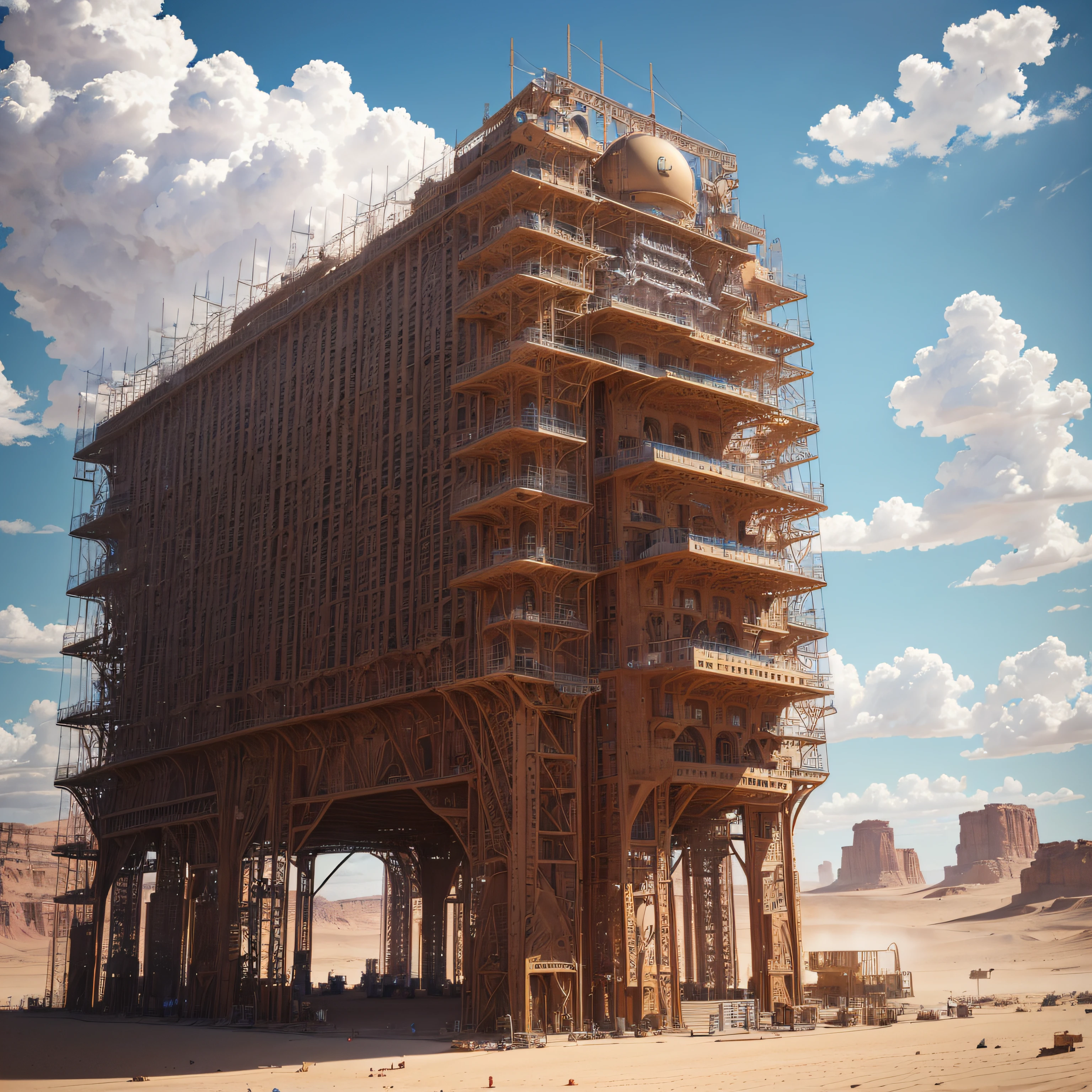 (Cinematic Photo, Maximum realism), (CG 8k wallpapers are extremely detailed, Masterpiece, Best Quality, Ultra-detailed), ((Metal frame of a large tall structure in the middle of the desert)), An unusual design of an unearthly civilization, Steel scaffolding in the distance in the background, Sand vortices, (wind force 15 meters per second), very hot (Medium temperature 55)