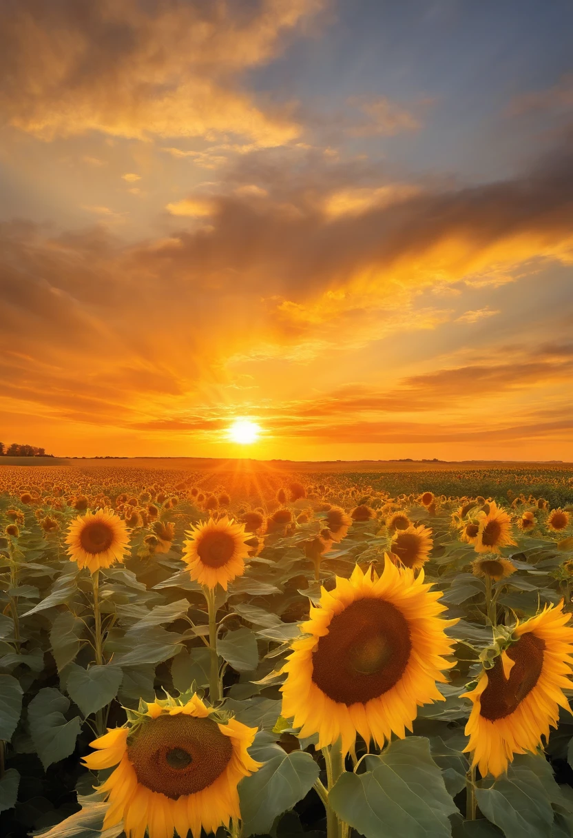 (golden sunset over a field of sunflowers), (best quality, vivid colors, HDR), (landscape), (oil painting), (ultra-fine detailing, realistic), (warm and vibrant color palette), (soft and gentle lighting)