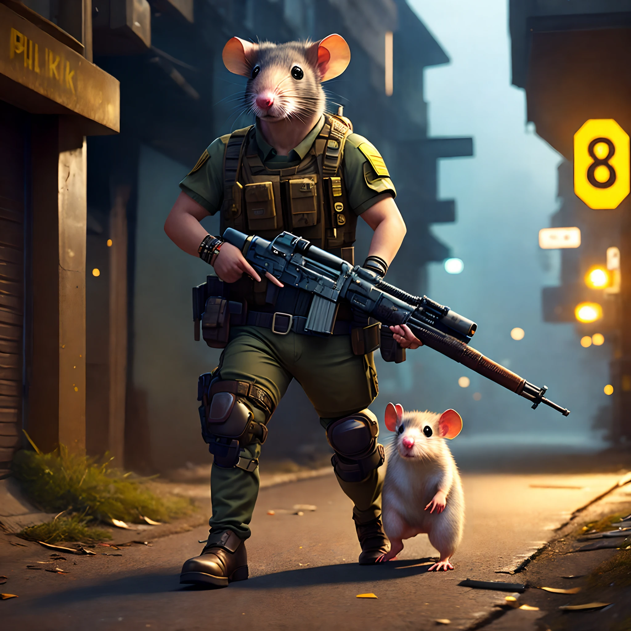 a military rat with a machine gun walking with a by an abandoned street, front view, key lighting, soft lights, foggy, 8 k render, detailed, cute cartoon style, warhammer 40k