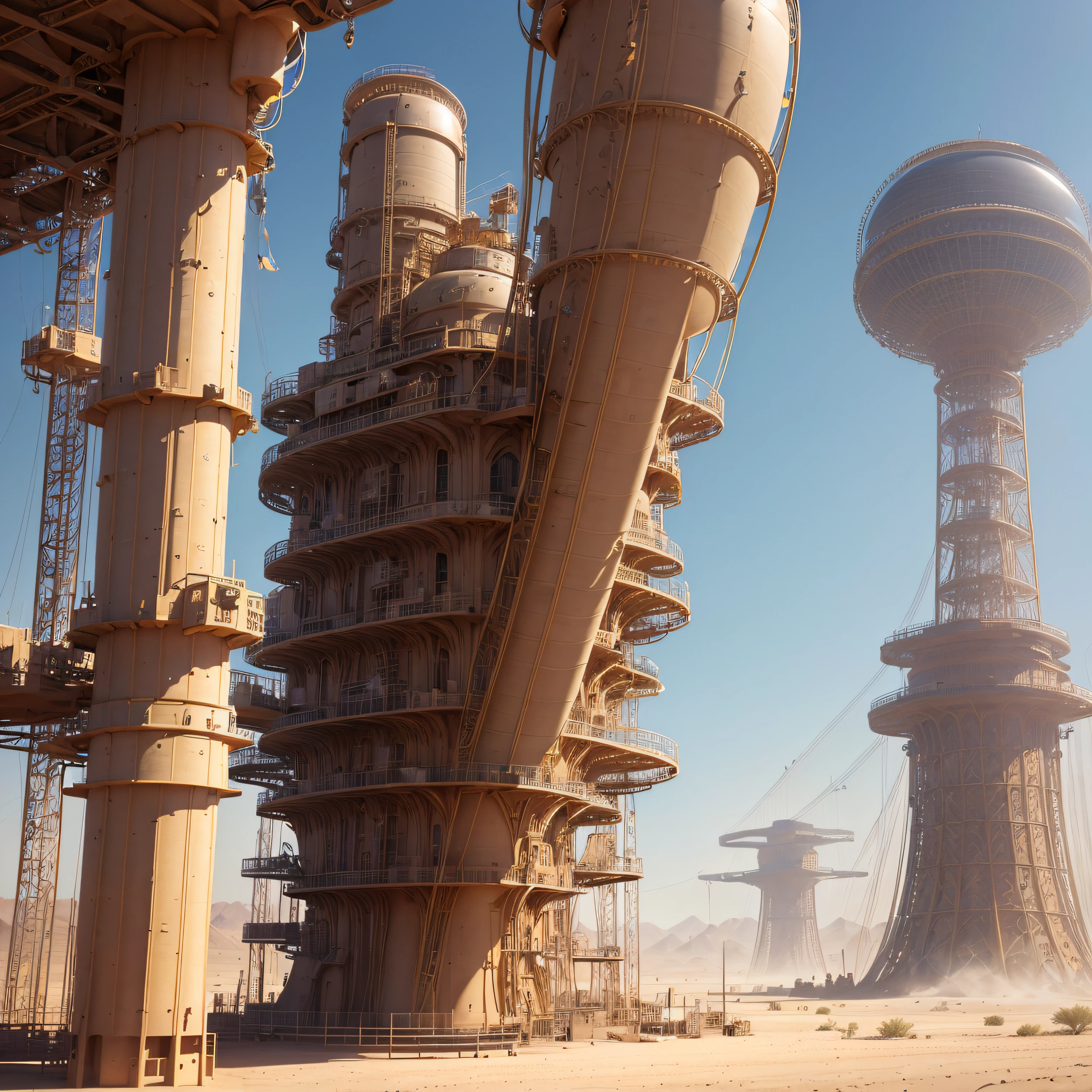 (Cinematic Photo, Maximum realism), (CG 8k wallpapers are extremely detailed, Masterpiece, Best Quality, Ultra-detailed), ((Metal frame of a large tall structure in the middle of the desert)), An unusual design of an unearthly civilization, Steel scaffolding in the distance in the background, Sand vortices, (wind force 15 meters per second), very hot (Medium temperature 55)