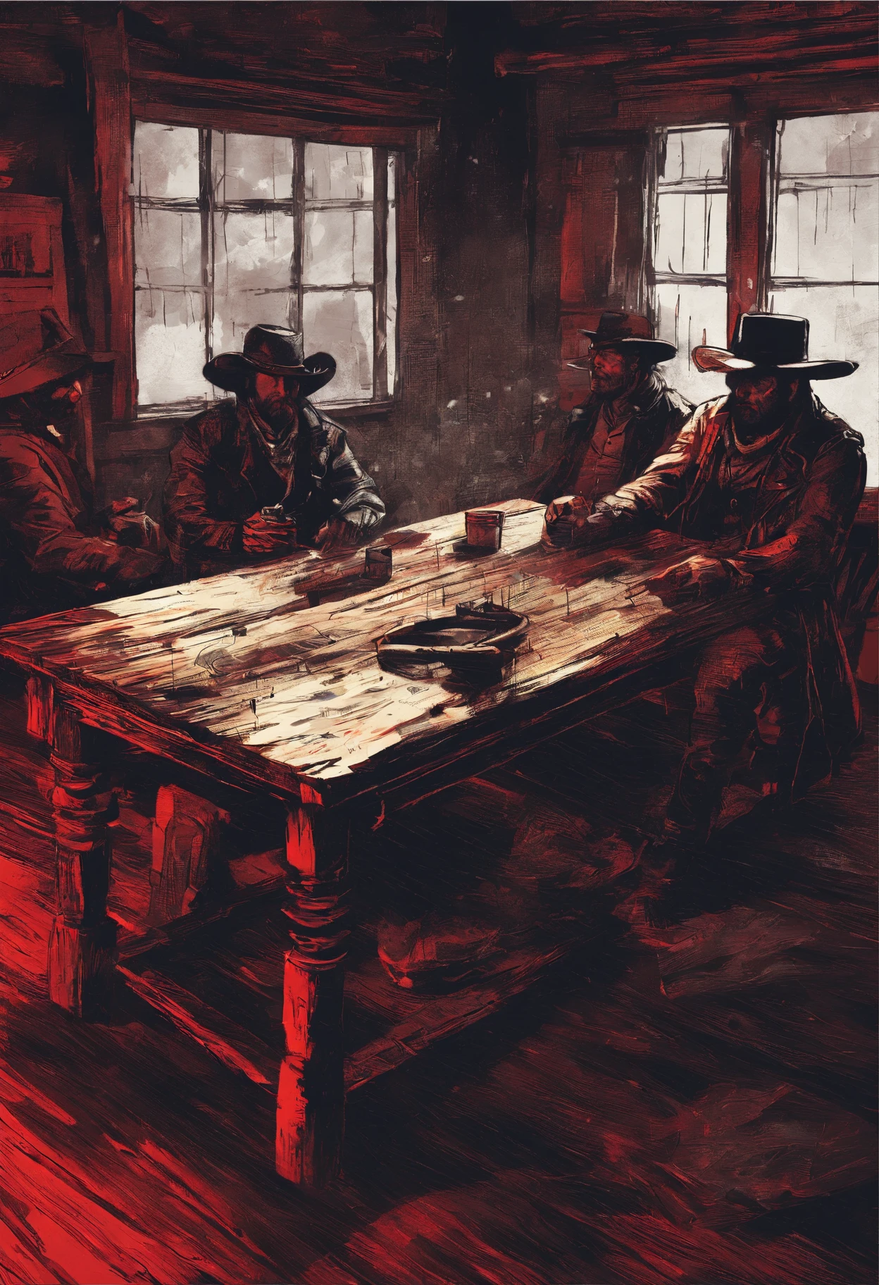 "(best quality, highres),Red dead redemption style,dark room,western outlaws,IN A DARK ROOM,Interior,standing in front of a table,cowboy hats,revolvers,cigarettes,narrow beam of light,atmospheric shadows,leather jackets and vests,old wooden table,dust particles floating in the air,sharp focus,gritty textures,vivid colors,moody lighting"