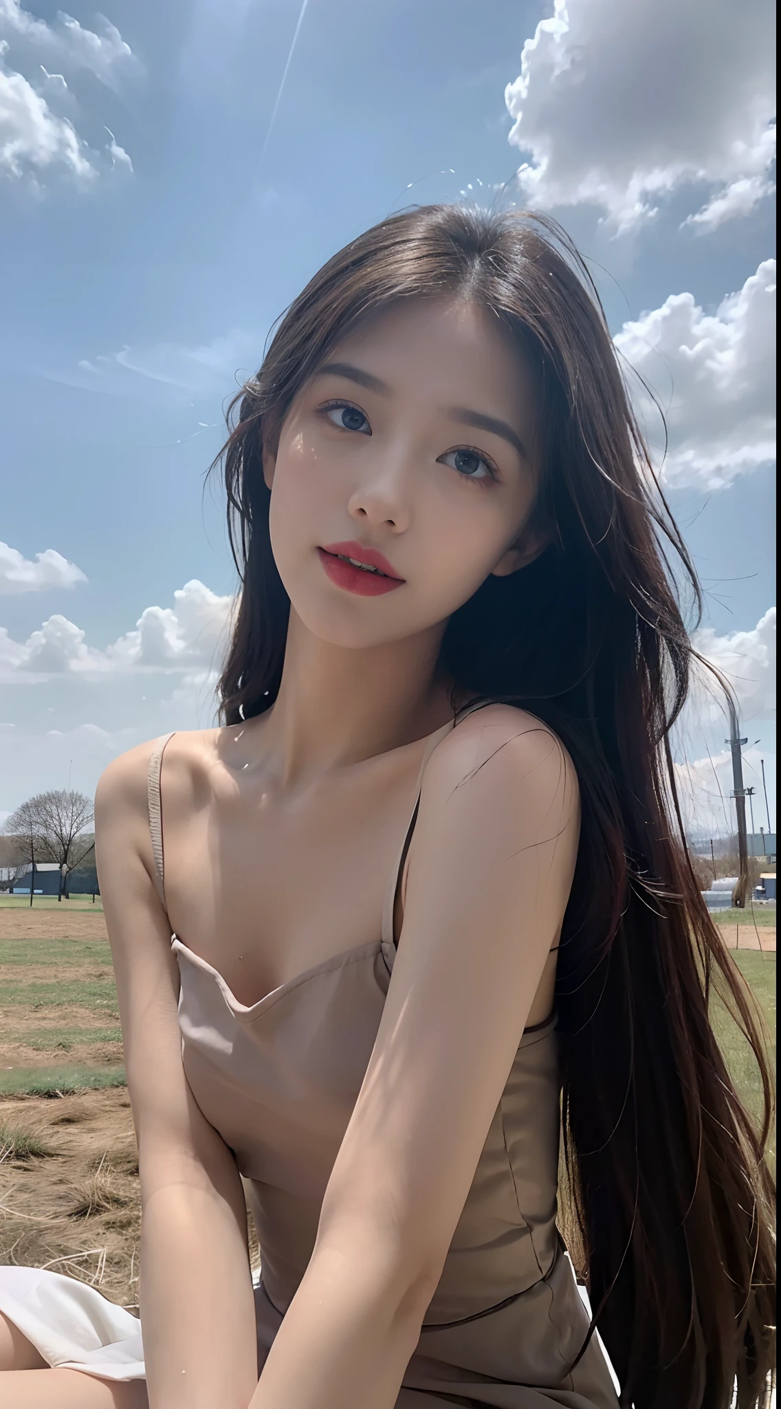 ((best qualtiy, 8K, tmasterpiece:1.3)), A pretty maiden,Pure,Melon seed face,gentle and cute,A sweet smile,Pure desire,Thin stature,(frontage),(Tilt your head),staring right into camera,uniform, Obi, formal,Black silky long, Straight hair,Long hair flowing over the shoulders,round black big eyes,Clear big eyes,Hydrated red lips,Sweet,Sit on the,with blue sky and white clouds,Blue skies,grassy fields,