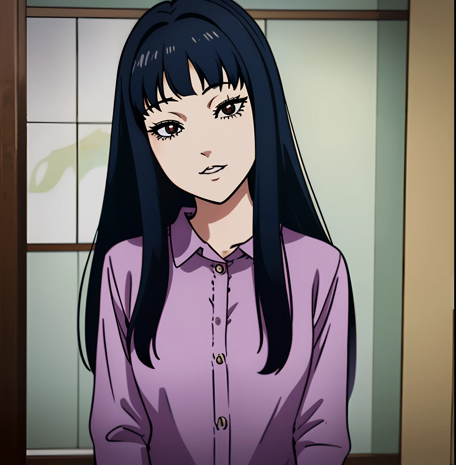 anime girl with long black hair and blue shirt posing for a picture, hinata hyuga, sui ishida with black hair, style of junji ito, junko enoshima, subtle junji ito, kotegawa yui, hinata hyuga from naruto, 1 7 -  - old me goth girl, misato katsuragi