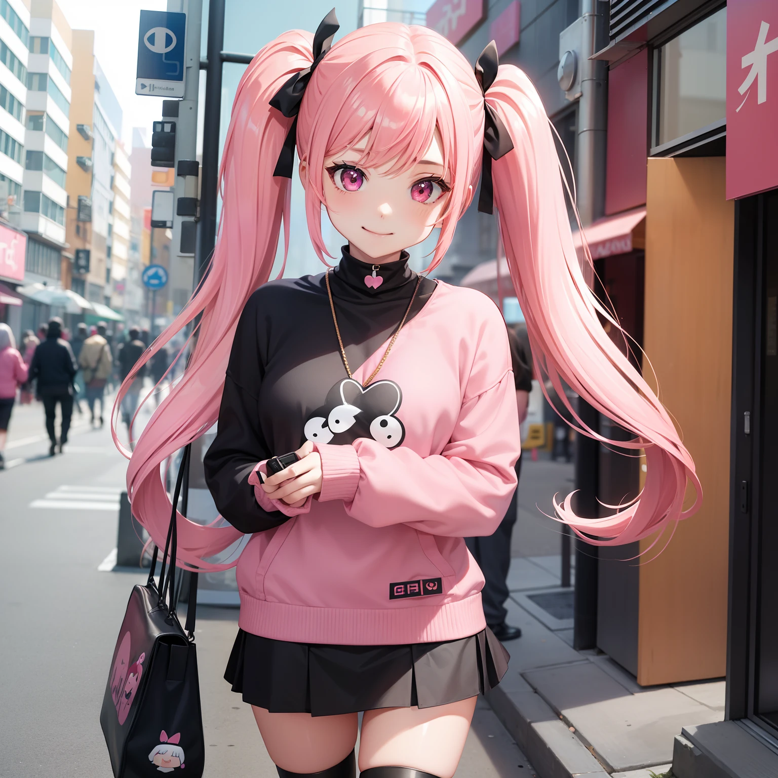 full body Esbian, masutepiece: 1.2, Highest Quality), (Live-action, elaborate details), (1 Lady, Solo, Upper body,) Clothing: Edgy, Black long jumper, pink miniskirt, long hair with pink twin tails,、Chibi character、Avant-garde, Experimental appearance: Long pink twin tail hair 、Heart-shaped choker、The location: bustling city、Solo, Nice smile、Value Creation in Mixed Media Art: individuality, authenticity, Creative expression、Cute Chibi Character