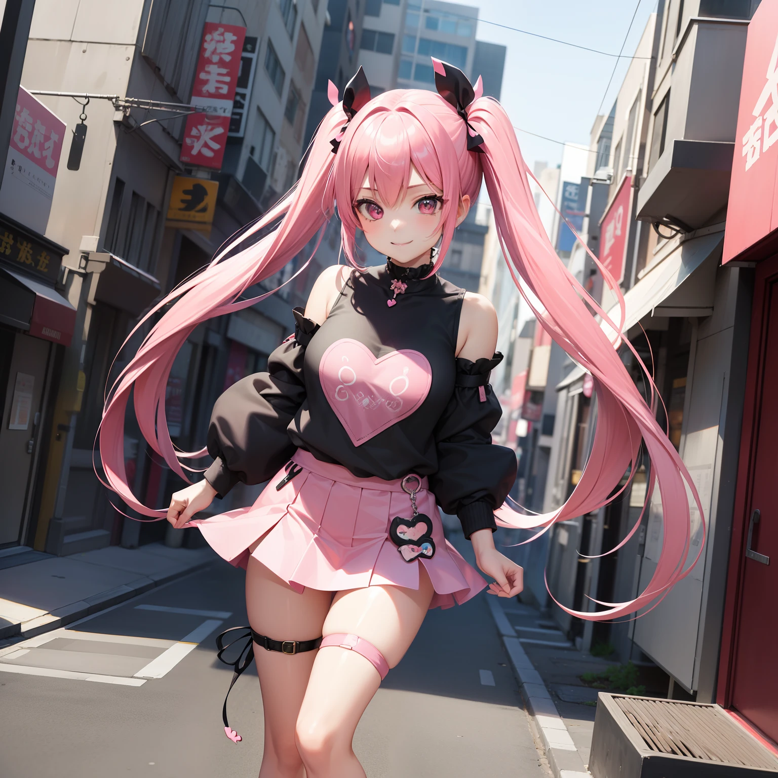 full body Esbian, masutepiece: 1.2, Highest Quality), (Live-action, elaborate details), (1 Lady, Solo, Upper body,) Clothing: Edgy, Black long jumper, pink miniskirt, long hair with pink twin tails,、Chibi character、Avant-garde, Experimental appearance: Long pink twin tail hair 、Heart-shaped choker、The location: bustling city、Solo, Nice smile、Value Creation in Mixed Media Art: individuality, authenticity, Creative expression、Cute Chibi Character