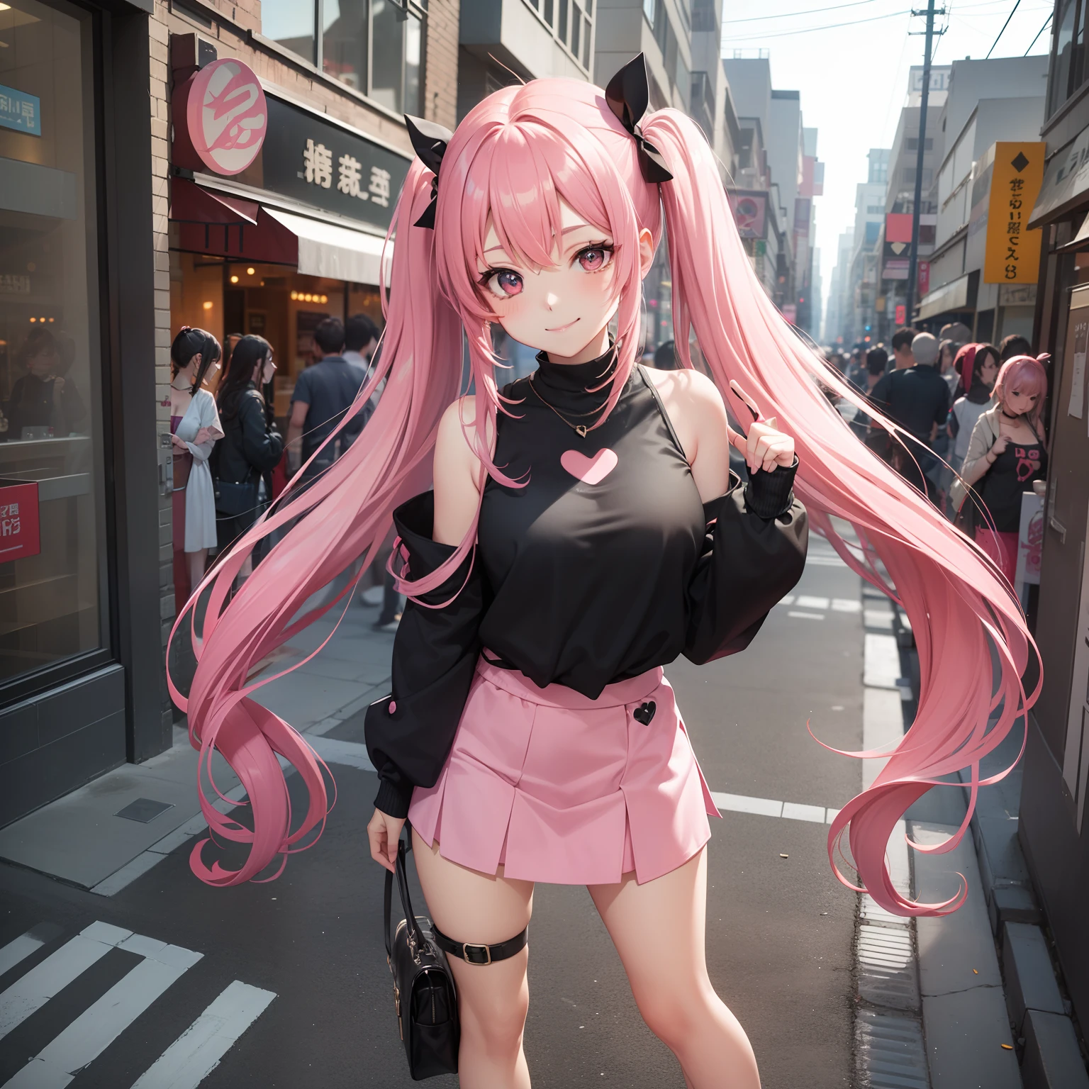 full body Esbian, masutepiece: 1.2, Highest Quality), (Live-action, elaborate details), (1 Lady, Solo, Upper body,) Clothing: Edgy, Black long jumper, pink miniskirt, long hair with pink twin tails,、Chibi character、Avant-garde, Experimental appearance: Long pink twin tail hair 、Heart-shaped choker、The location: bustling city、Solo, Nice smile、Value Creation in Mixed Media Art: individuality, authenticity, Creative expression、Cute Chibi Character