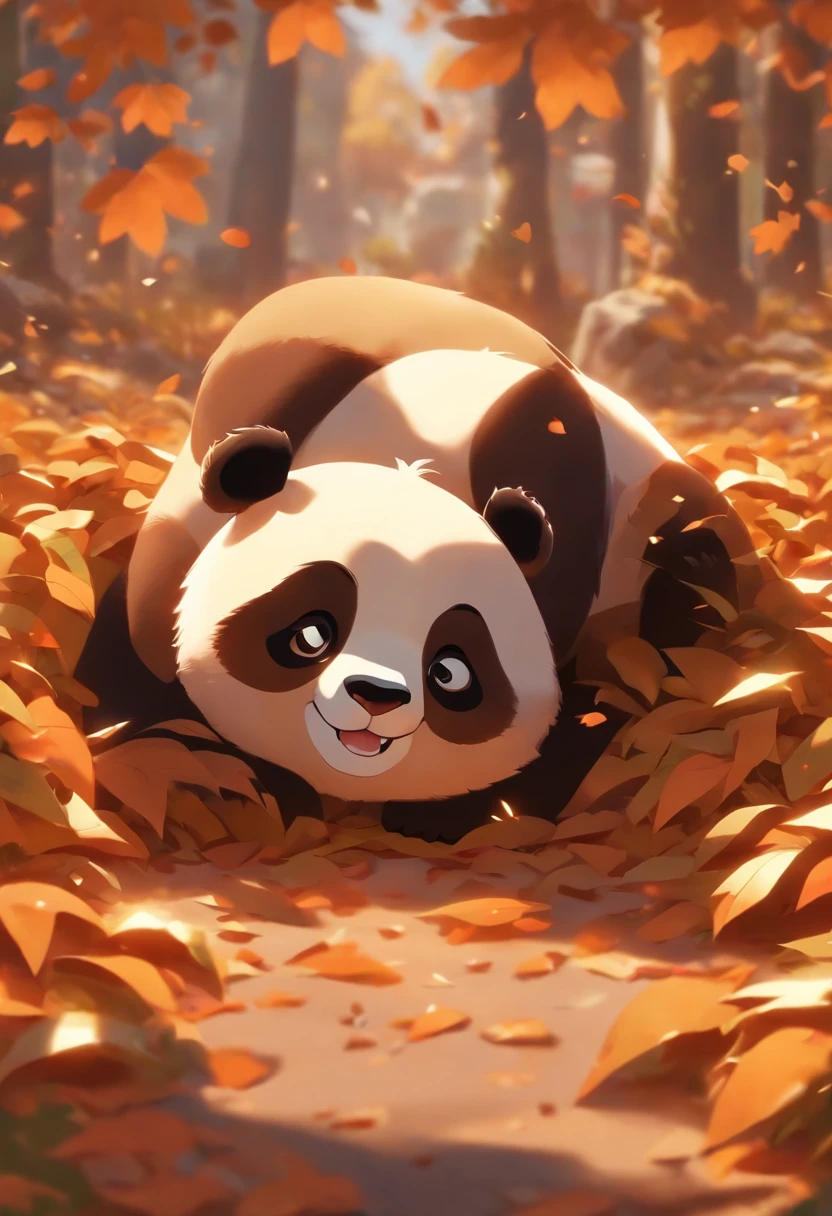 A cute full-body panda lying face down on a bunch of fallen leaves on the ground，Tem olhos grandes，Blushlush，LAZY，cumprimentar, 3d, 4k