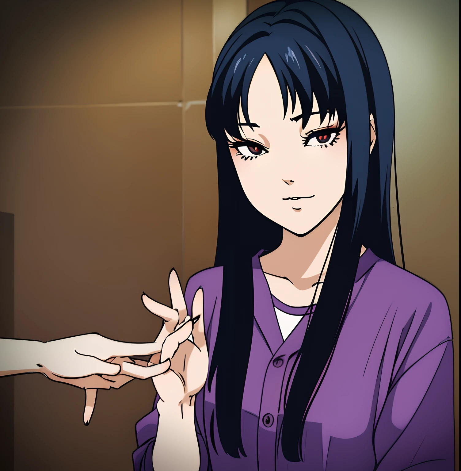 anime girl with long black hair and blue shirt posing for a picture, hinata hyuga, sui ishida with black hair, style of junji ito, junko enoshima, subtle junji ito, kotegawa yui, hinata hyuga from naruto, 1 7 -  - old me goth girl, misato katsuragi