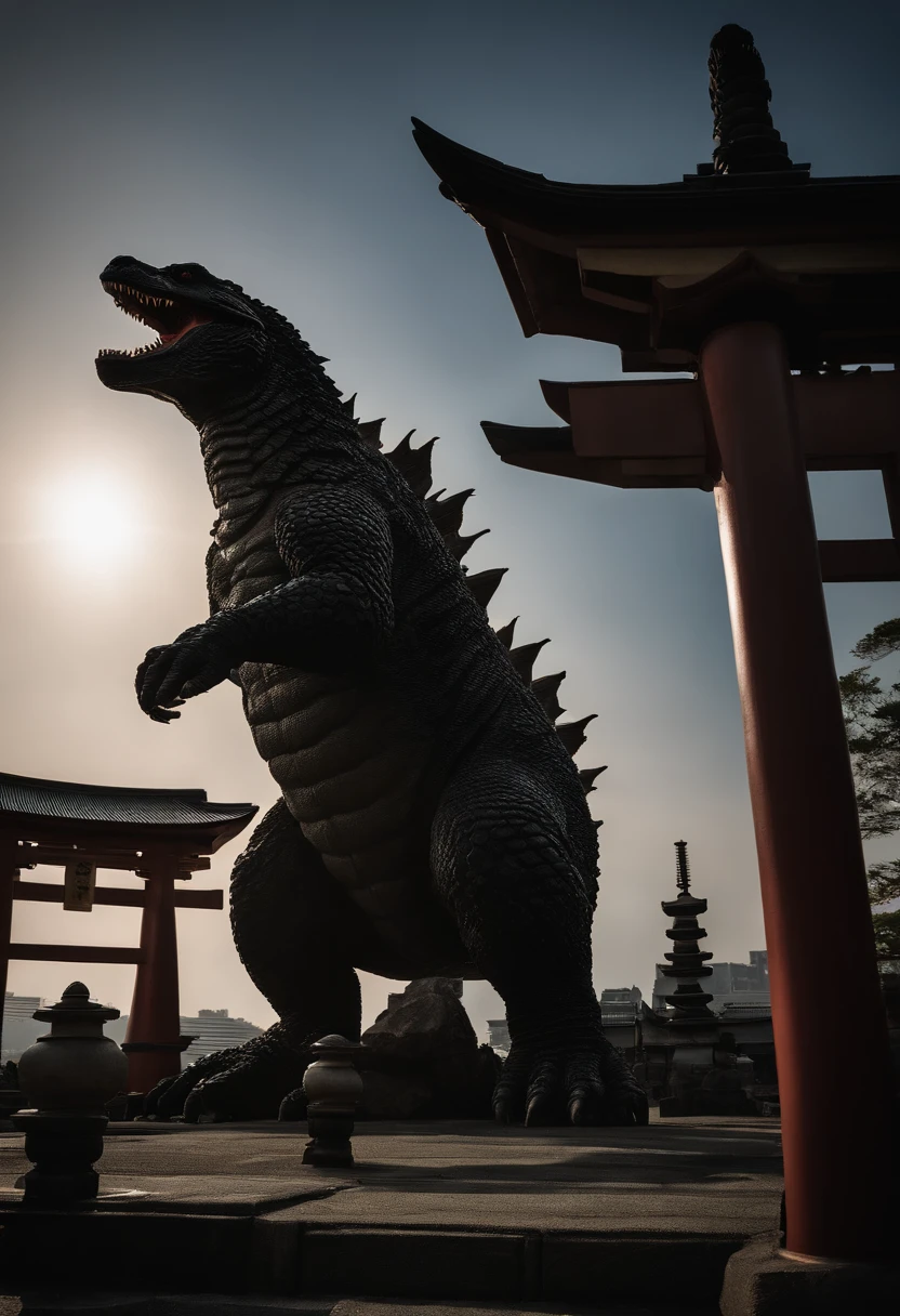 Godzilla appears in Kyoto、Destroying the city、Crumbling buildings、Fleeing person々々、a scene from a movie、Giant monster、Cinematic lighting、Stunning image quality、top-quality、8K,masterpiece:1.4、Too huge、Bigger than Bill、Fine details、ultra-detailliert、King of the Monsters、Shines、Unparalleled power、Broken shrine、Broken torii、Japan castle、frombelow