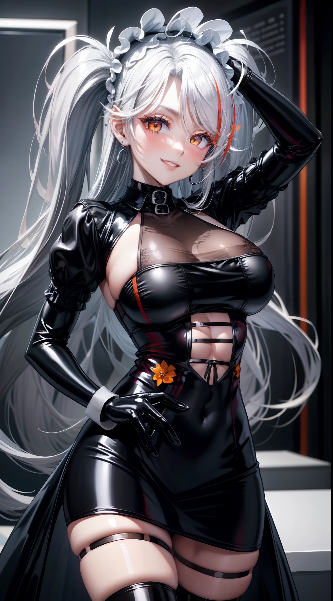 8k, highres, ultra detailed, (masterpiece:1.4), best quality, symmetrical body, (tight latex dress:1.4), cute, solo, earrings, long hair, ponytails, white hair, orange eyes, glow effect, finely eye, grinning, wide smile, detailed face, looking at viewer, smilling at viewer, office, standing, angled view, big breasts, teasing, seductive look