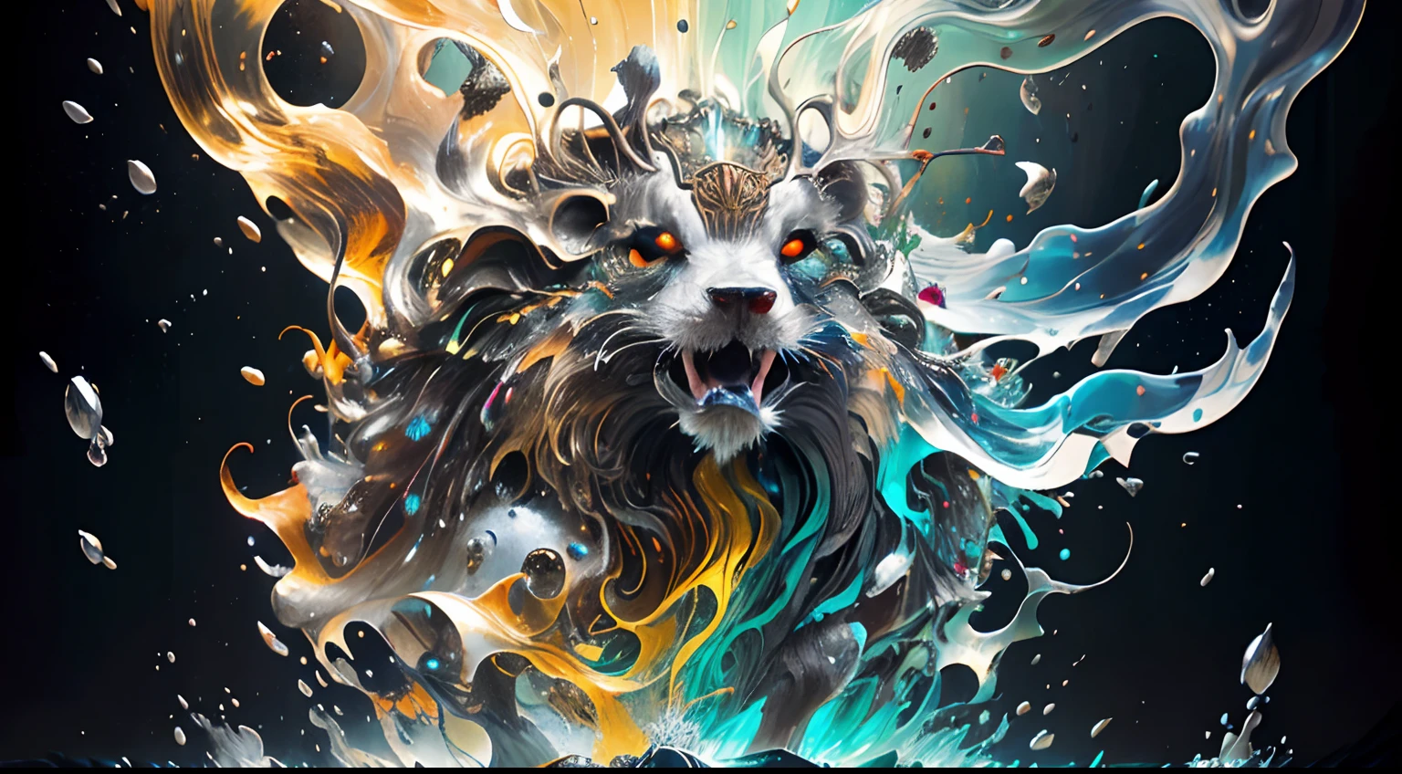 Obra de Arte abstracto en movimiento.Arte de Alberto Severo. Un primer plano de chorros y corrientes de metales preciosos fundidos que chocan entre si y forman , inmensas cantdades de gotas y chorros metalicos de oro, plata, cobre mercurio, que burbujean ,explotan ,remolinean y fluyen y ocupan todo el espacio, nubes de fluidos de colores metalicos dorados, plateados, cobrizos brillantes y tornasolados,burbujas tornasoladas, ,remolinos de gotas tornasoladas que giran y escapan.Crea una fascinante obra de arte abstracta con un enfoque en la fluidez y el movimiento. Utilice una paleta de colores rica y diversa, Blend tones seamlessly to evoke a sense of continuous movement, Background of psychedelic fuids in motion. Arte de los fluidos en movimiento