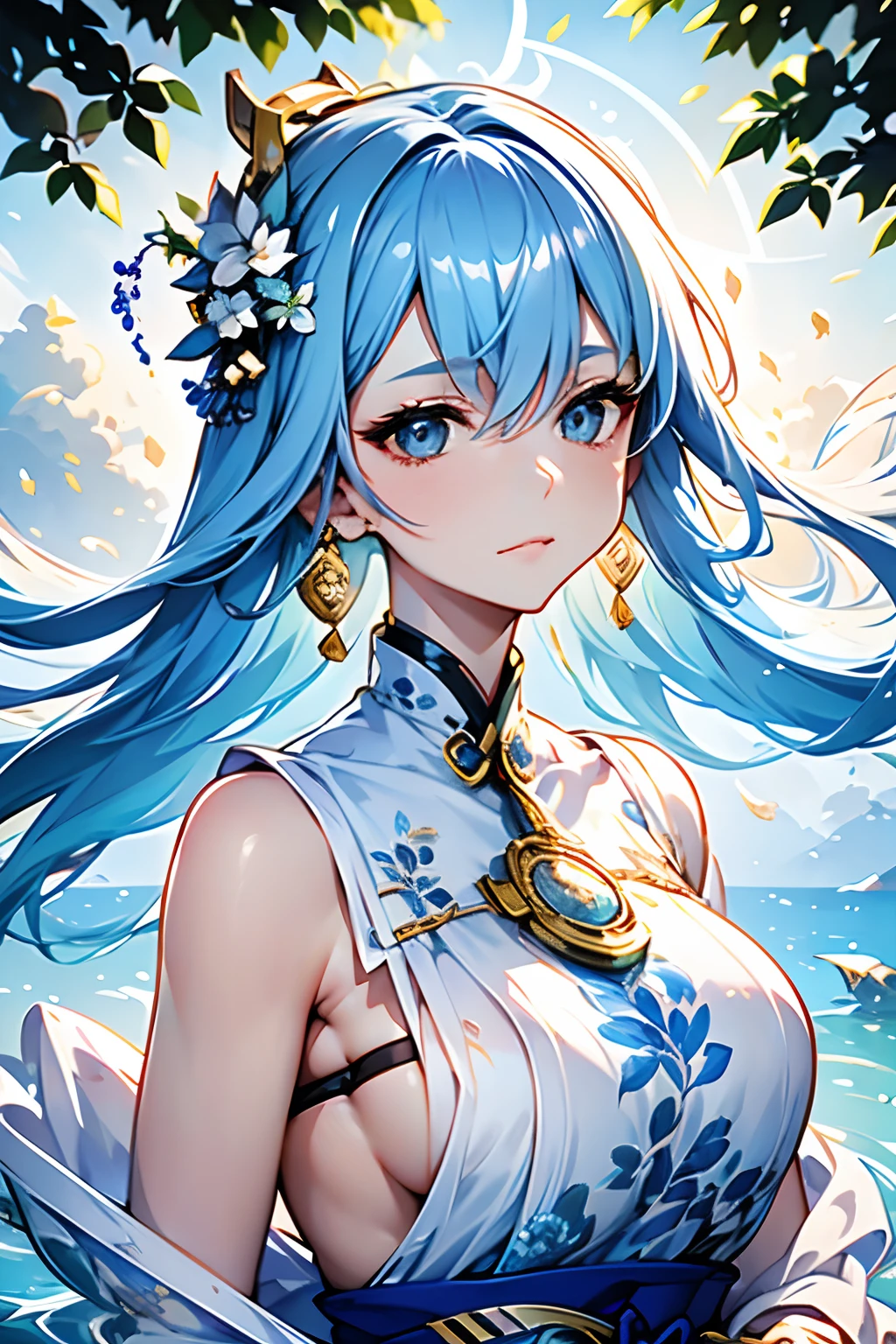 Mature girl, blue and white hair color, floating hair, delicate and flexible eyes, intricate brocade hanfu, gorgeous accessories, wearing pearl earrings, FOV, f/1.8, masterpiece, ancient Chinese style architecture, blue sky, flower petals flying, front portrait shot, Chang'e, side lighting, sunlight shining on people