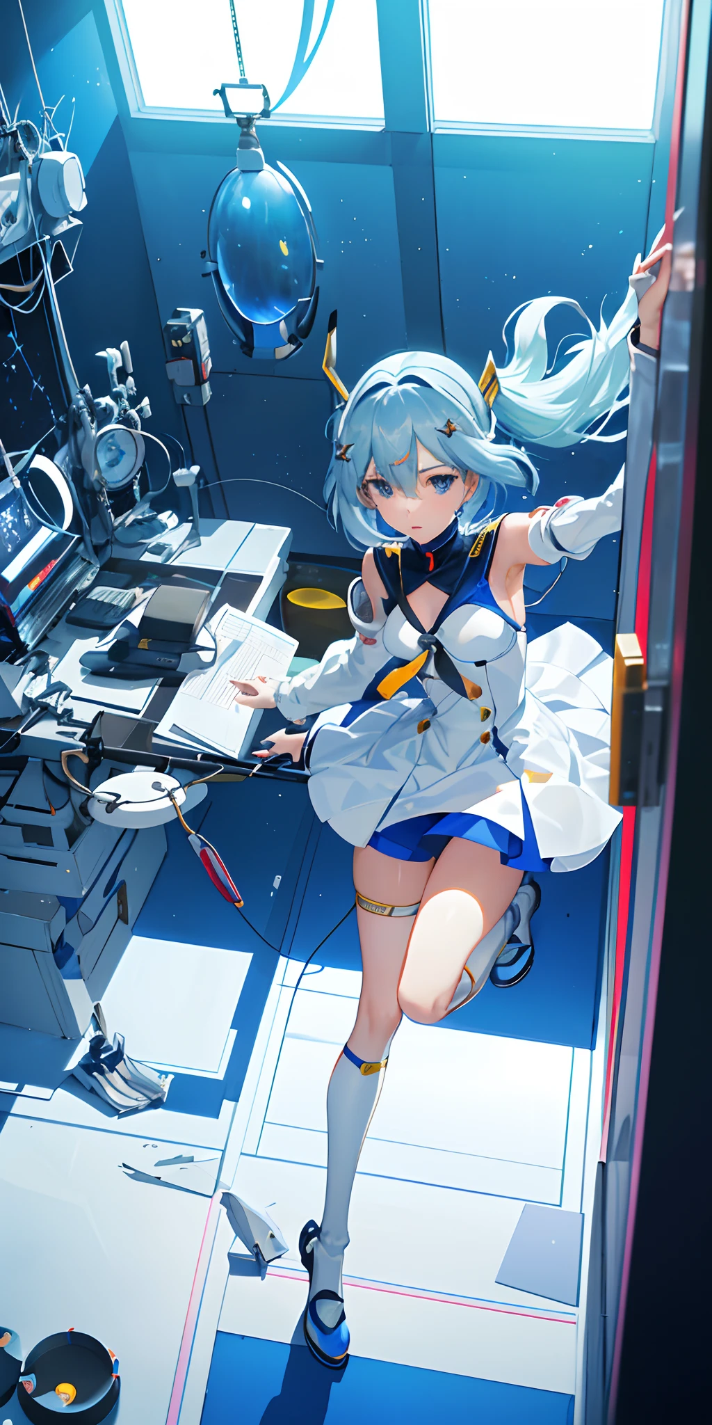 (aerial  view), Angle Dynamic, ultra detallado, illustration, primer plano, recto, 1girl, ((Rei Ayanami, auriculares de interfaz, traje blanco: 1.4, Turquesa)),His eyes shone like dreamy stars.,(ojos brillantes:1.233),(ojos hermosos y detallados:1.1),(inexpresivo, boca cerrada),(de pie), (Mechanics' room with tools and spacecraft window in a white spacecraft), (noche:1.2),Dreamy, [[delicados dedos y manos:0.55]::0.85],(detalle dedos),