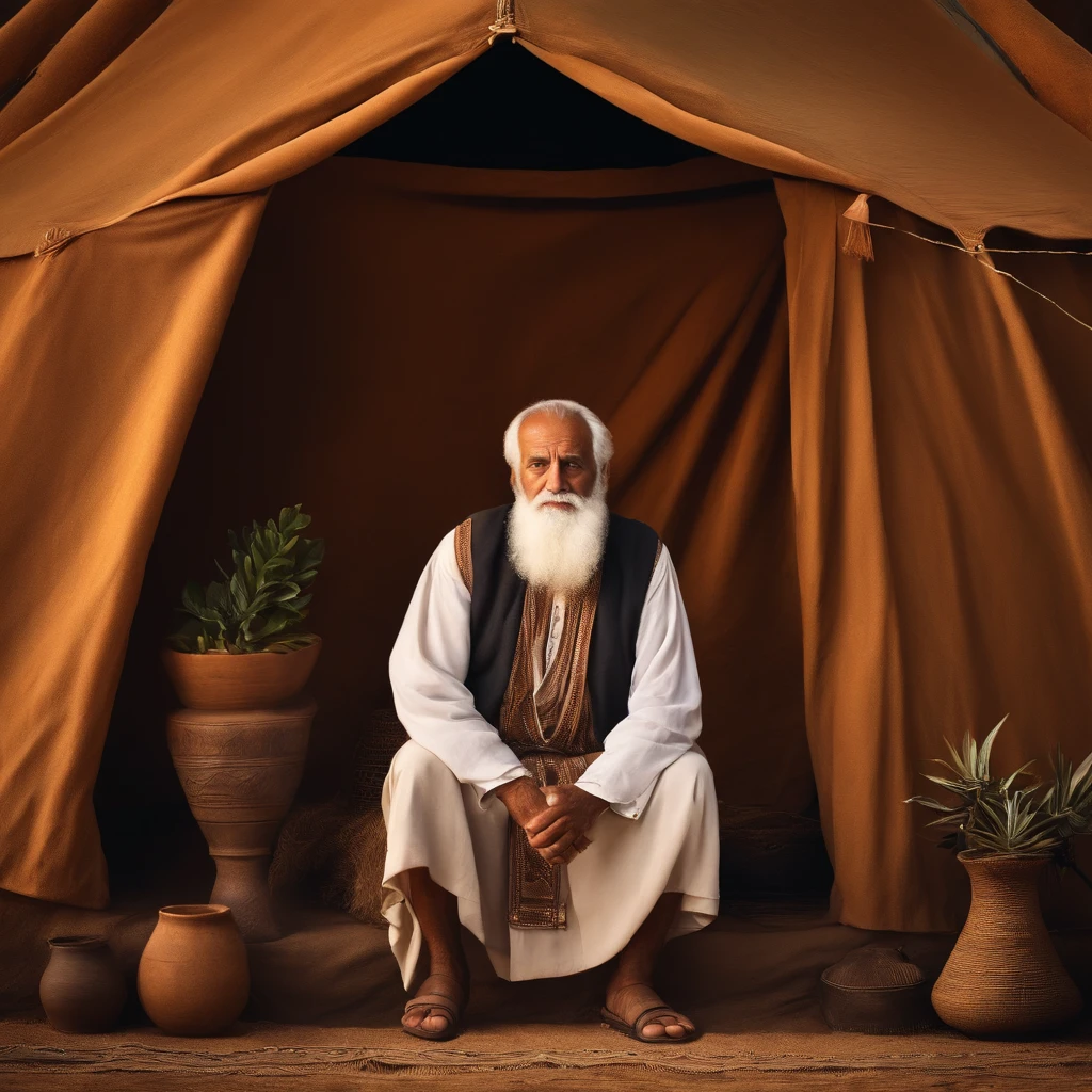Biblical character, PATRIARCH ABRAHAM, old man, barba branca grande, in front of an Arab tent, olhar pensativo e perdido, Wise old man. Imagem realista antiga, com gado ao fundo.