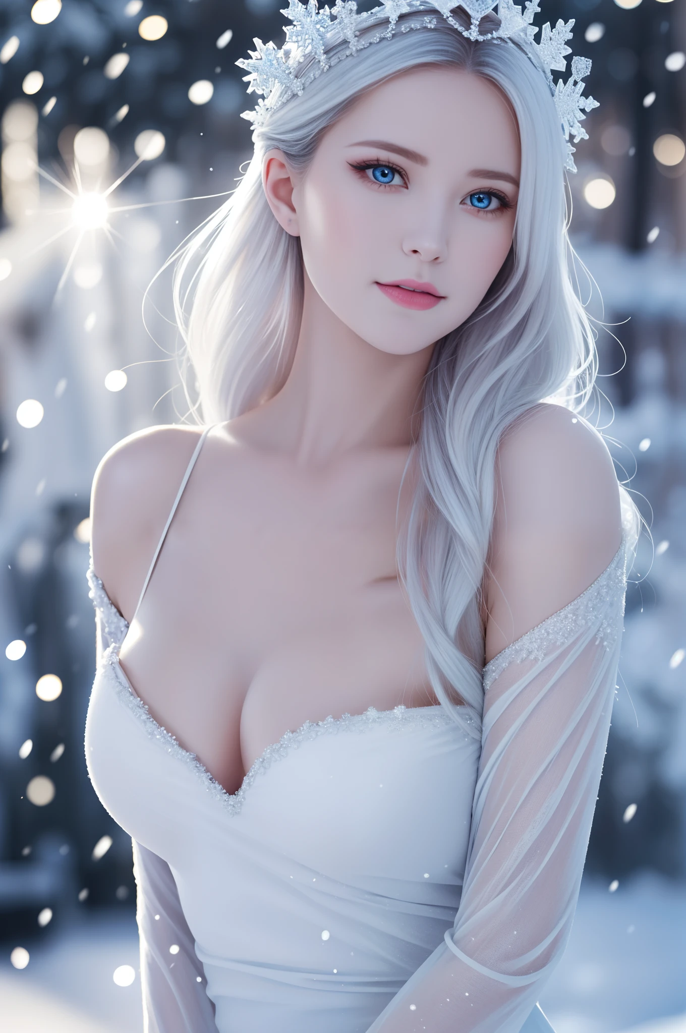 (best quality,4k,8k,highres,masterpiece:1.2),ultra-detailed,(realistic,photorealistic,photo-realistic:1.37),snow queen,beautiful detailed eyes,(blue eyes:1.3),(white hair:1.3),beautiful detailed lips,extremely detailed eyes and face,long eyelashes,snow-covered palace,winter wonderland,crown of ice,sparkling snowflakes,ethereal beauty,snowflakes swirling around,snow-covered trees,gorgeous snow queen,glowing ice shards,powdery snow,snowflakes glistening in the sunlight,majestic and graceful presence,snow-capped mountains,icy breath,hint of blue and silver in the color scheme,dramatic lighting,soft snow falling,subtle shades of white and blue,icy palace walls,crystal-like skin,icy blue eyes, ultra-realistic, photorealistic, photograph, photogenic, bokeh, cleavage, bare shoulders, concentrated expression, (full body:1.27), realistic big breasts.