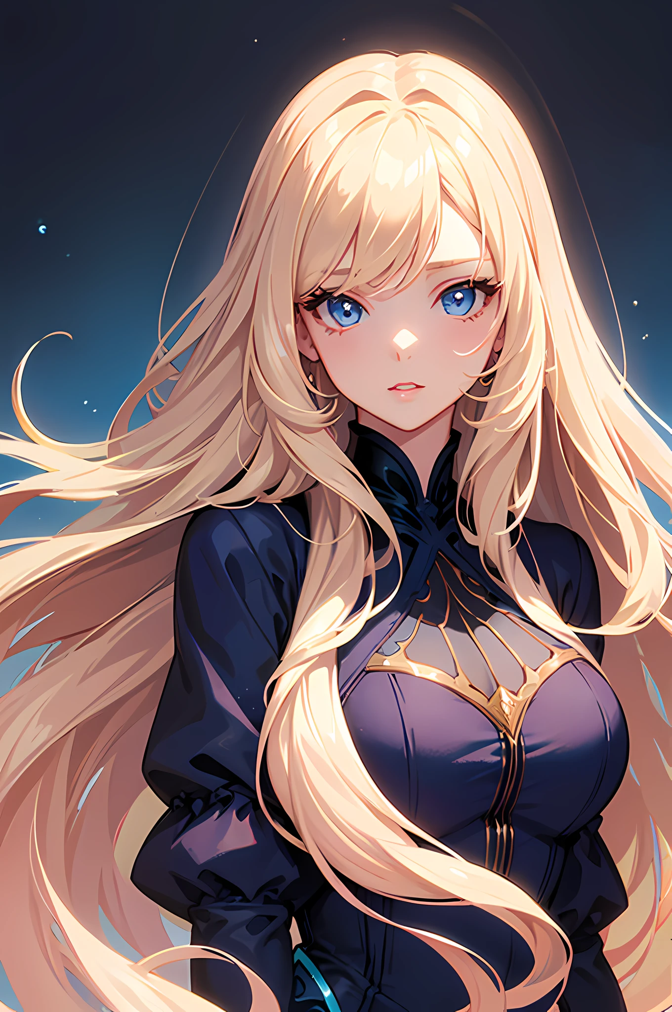 Masterpiece, Best Quality, girl, Blonde hair, Long wavy hair, Blue Eyes, facing front, Pink lips, thick eyelashes, Thick eyelids, Sharp Chin, Fantasy dress clothing, Brown dress, blue background, The body facing the viewer, Upper body only