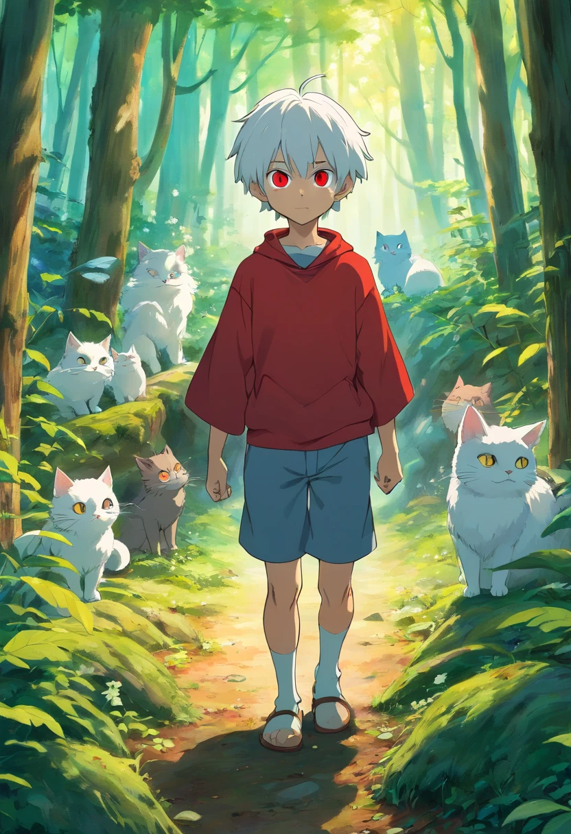 a boy cat boy with white hair and red eyes. Lurking in a forest surrounded by fairies