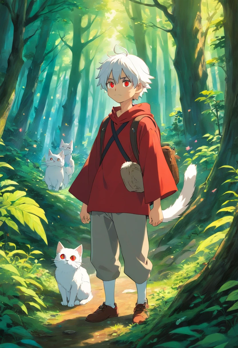 a boy cat boy with white hair and red eyes. Lurking in a forest surrounded by fairies
