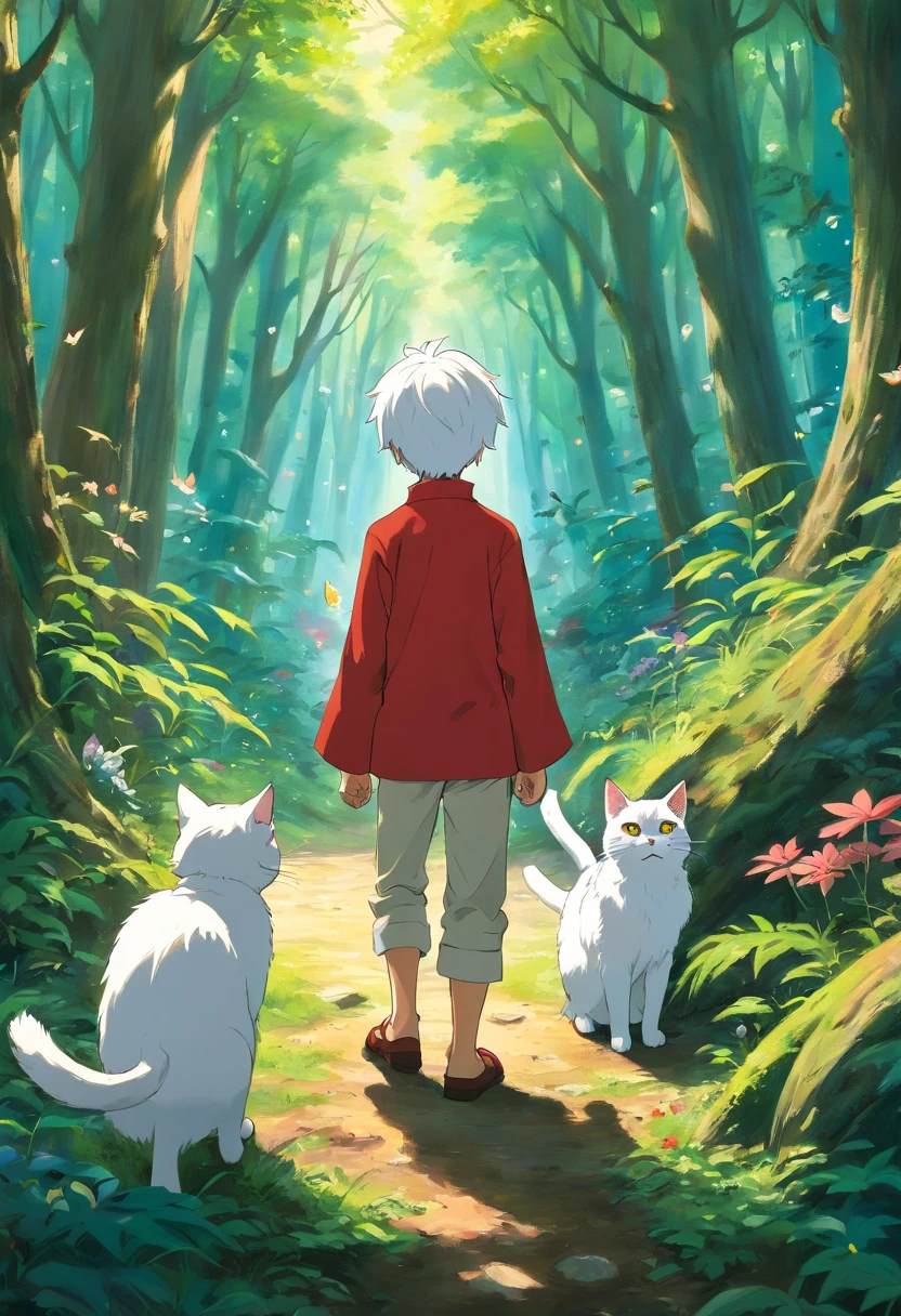 a boy cat boy with white hair and red eyes. Lurking in a forest surrounded by fairies