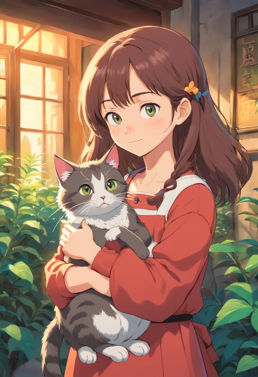Girl with a cat in her arms,Ghibli style