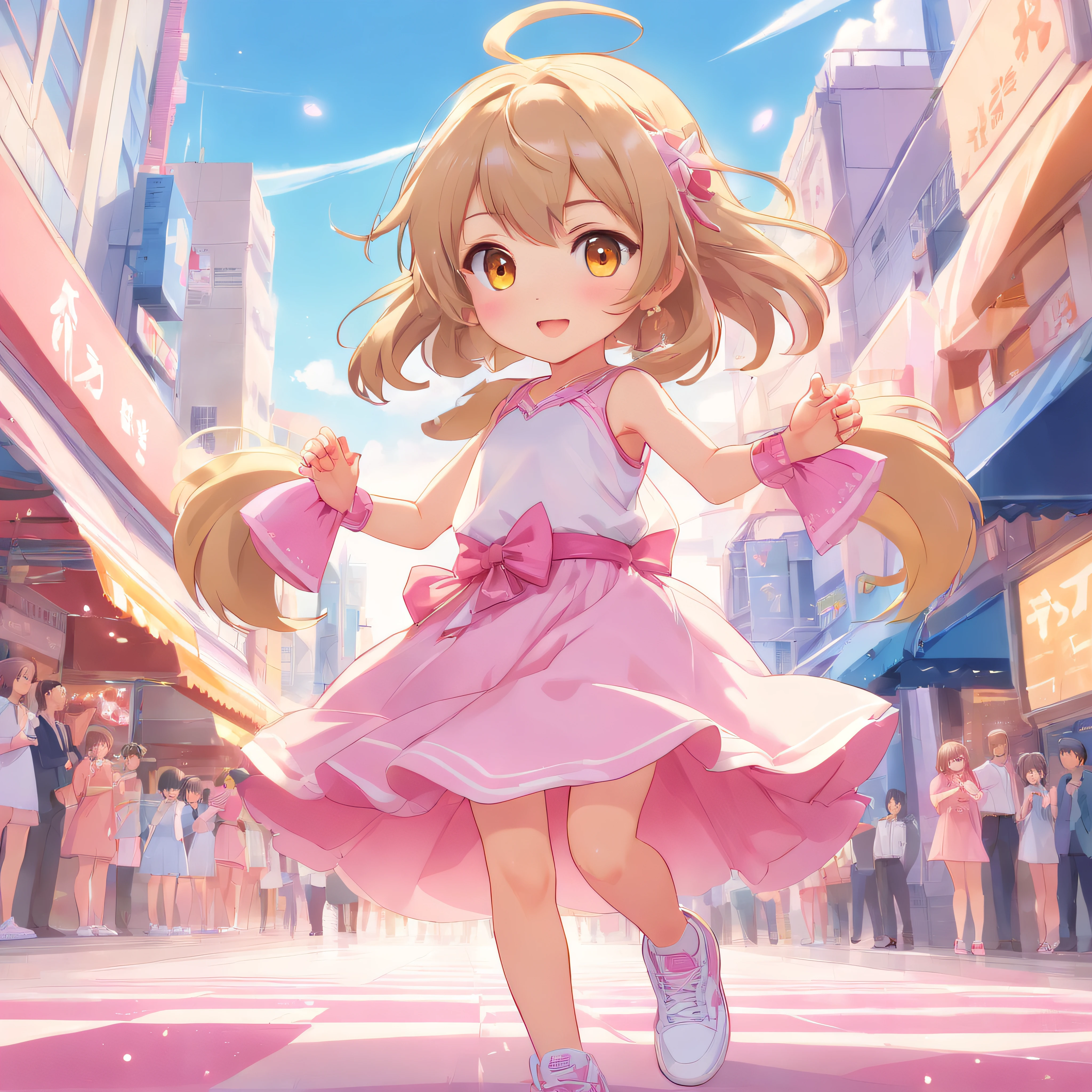 cute, chibi, a little baby girl, light skin, golden eyes, silver long hair, pink and pink pastel color party dress with candy designs, white sneakers, portrait, 3D rendering, high quality, ( plain background), (perfect hands), (full body), female, 8k.