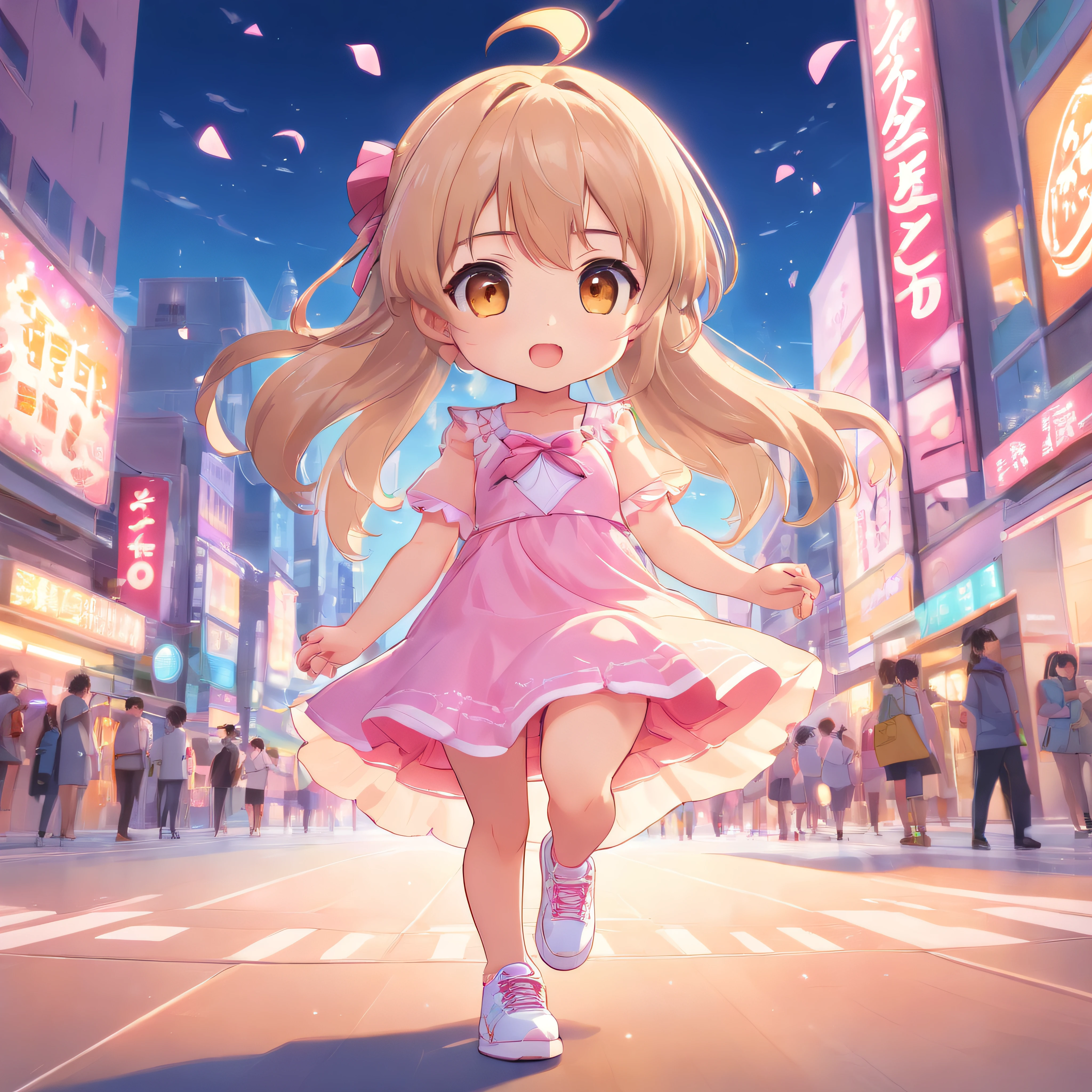 cute, chibi, a , light skin, golden eyes, silver long hair, pink and pink pastel color party dress with candy designs, white sneakers, portrait, 3D rendering, high quality, ( plain background), (perfect hands), (full body), female, 8k.