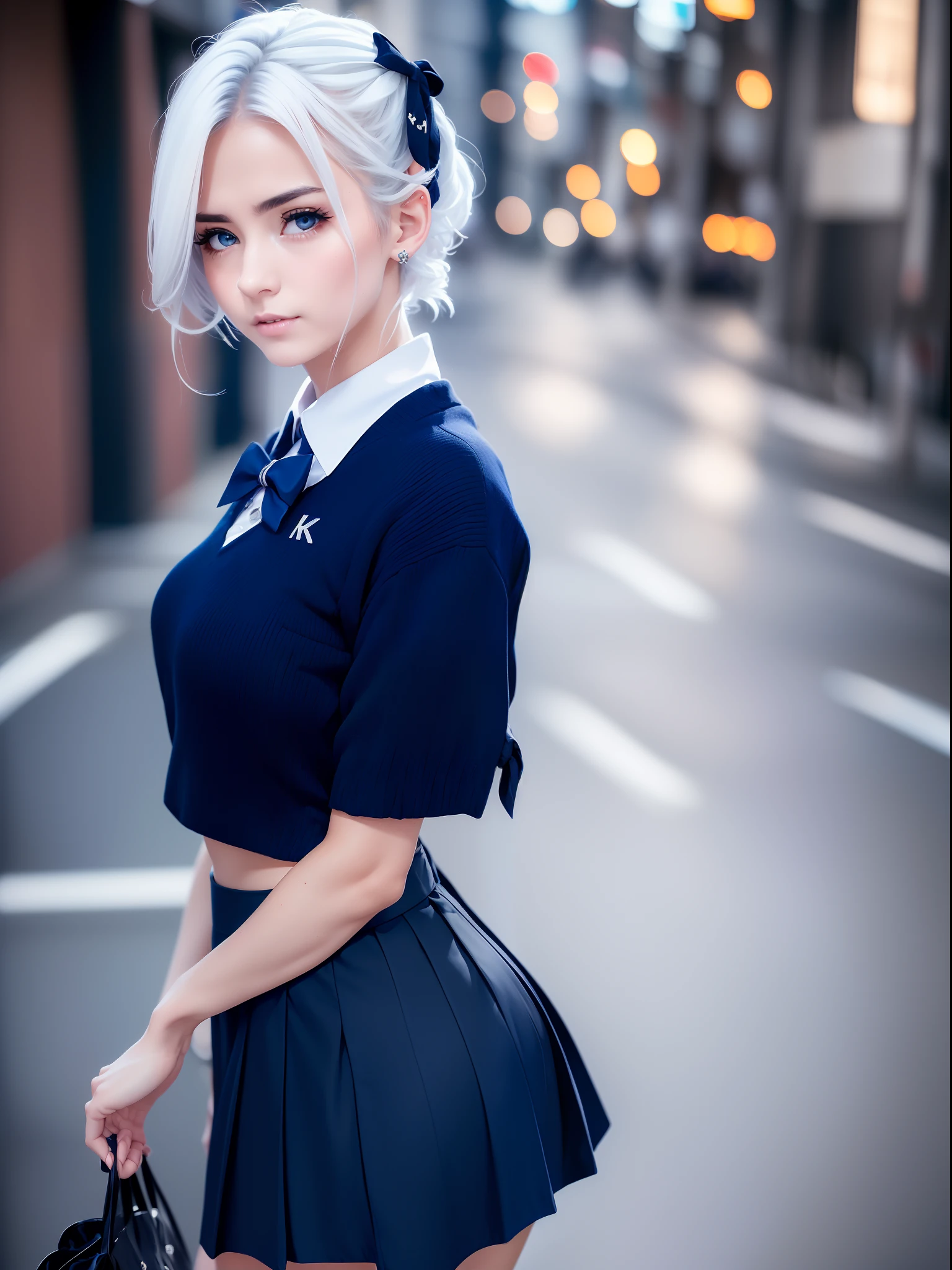 (8k, RAW photo, masterpiece:1.3), (realistic, photo-realistic:1.37), (night), (looking at viewer:1.331), (white hair), posing, Tokyo street, nightcityscape, cyberpunk city, soft light, 1girl, extremely beautiful face, bust, put down hands, Random hairstyle, Random expression, big eyes, lower abdomen, (short-sleeved .JK_shirt), JK_style, (dark blue JK_skirt), (bow JK_tie), mix4., best quality