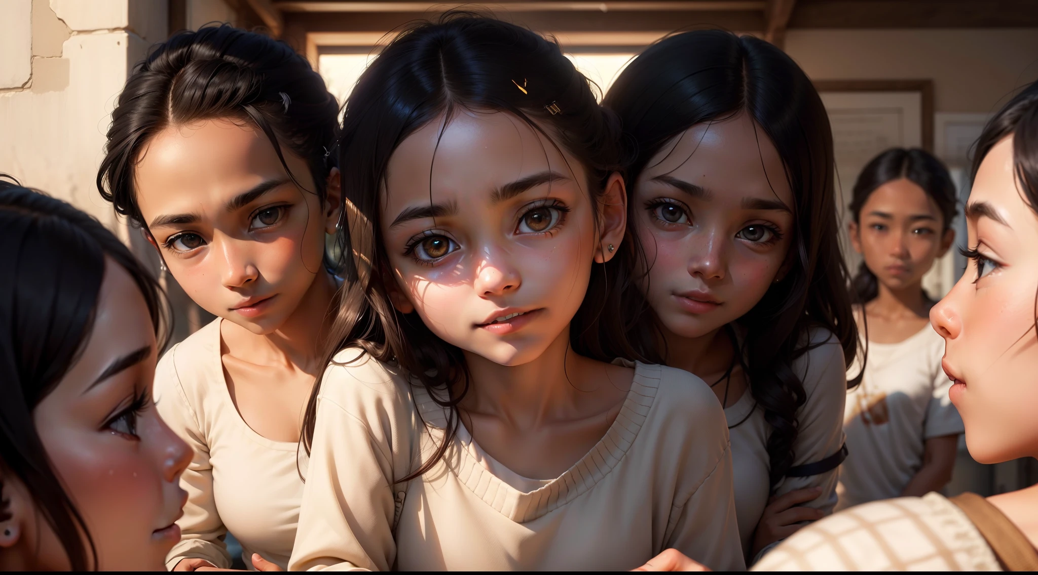 The camera focuses on a group of young individuals, their faces reflecting curiosity, attentiveness, and inspiration as they listen to Rohan's wisdom. One leans forward, eyes wide with curiosity, eager to learn. Another beams with attentiveness, lips slightly parted in focused concentration. A third radiates inspiration, eyes sparkling with newfound purpose and a gentle smile. The last shows a mix of emotions, a subtle play between curiosity and reflection.The camera captures these expressive faces, symbolizing the beauty of passing down wisdom and the transformative power of knowledge on the young minds.