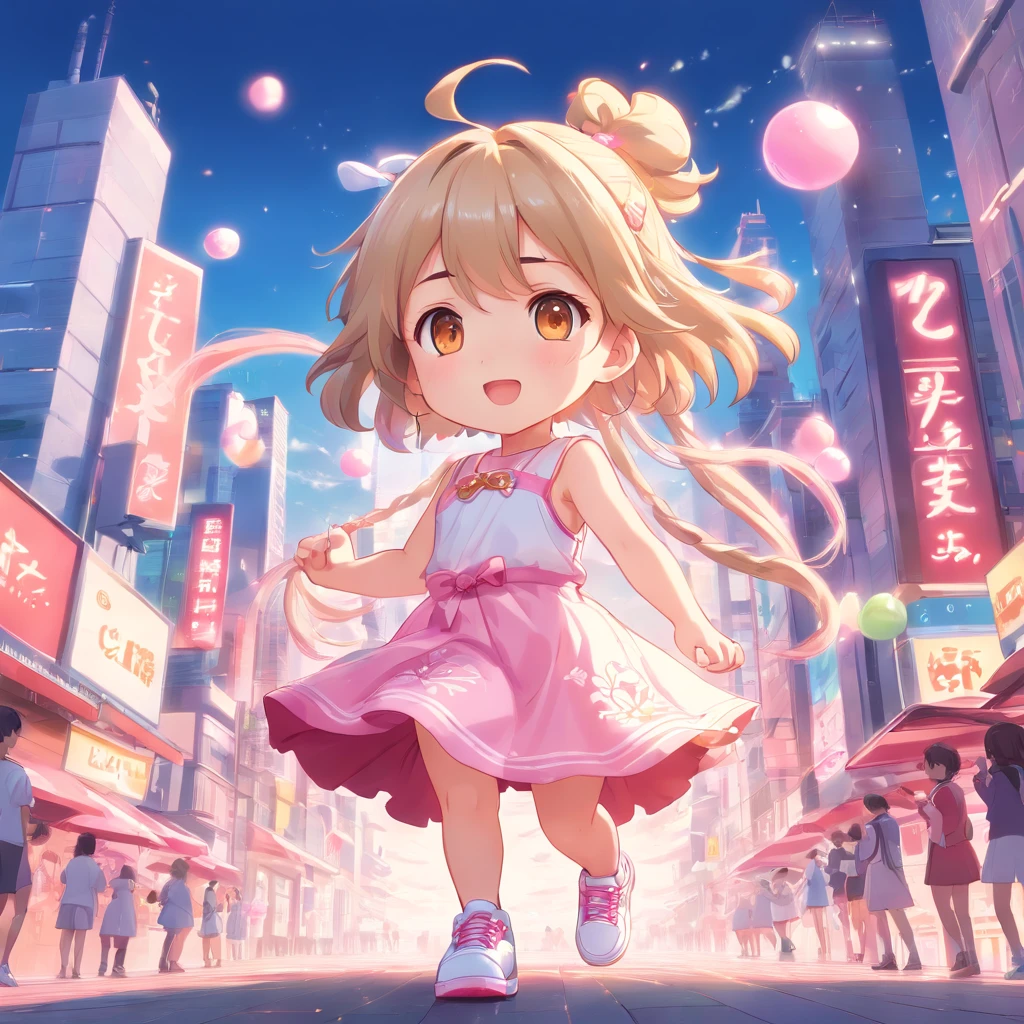 cute, chibi, a little baby girl, light skin, golden eyes, silver long hair, pink and pink pastel color party dress with candy designs, white sneakers, portrait, 3D rendering, high quality, ( plain background), (perfect hands), (full body), female, 8k, in top of mountain.