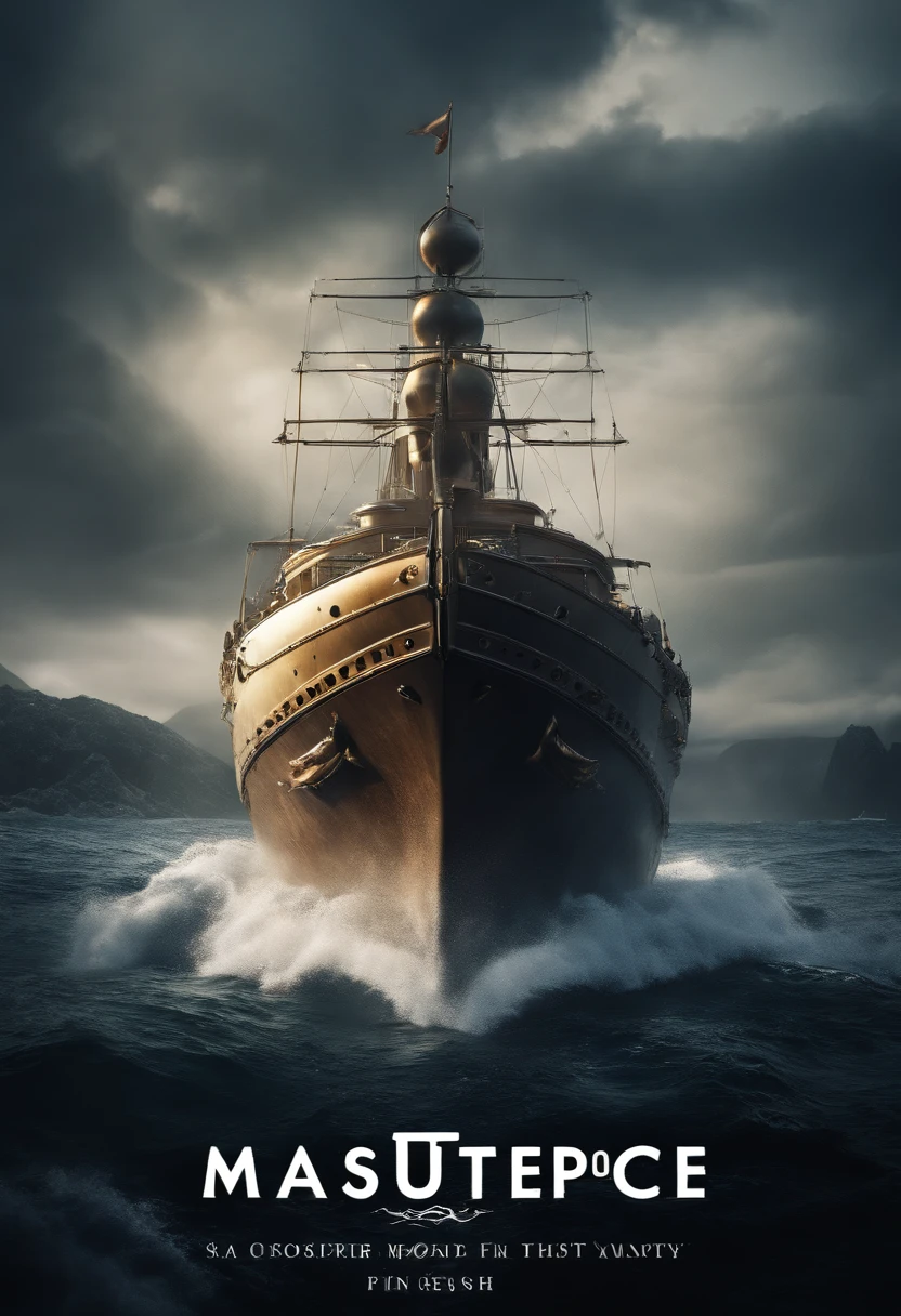 a stunning photo with beautiful saturation, 超A high resolution,(Realistic:1.4),deepshadow,(Best Quality, masutepiece), The dim, Shade, Highly detailed, Film grain, sea monster, Aiming at the cruiser from the bottom of the sea, Cruiser on the sea, Monsters with sharp fangs and claws, Sea Kings, fins, (masutepiece,Best Quality:1.5)