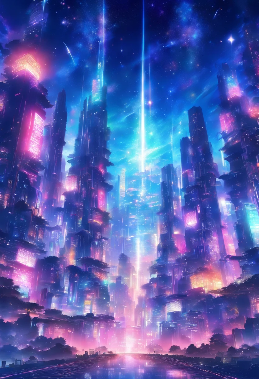 Create an abstract futuristic landscape with a bright metropolis under a starry sky