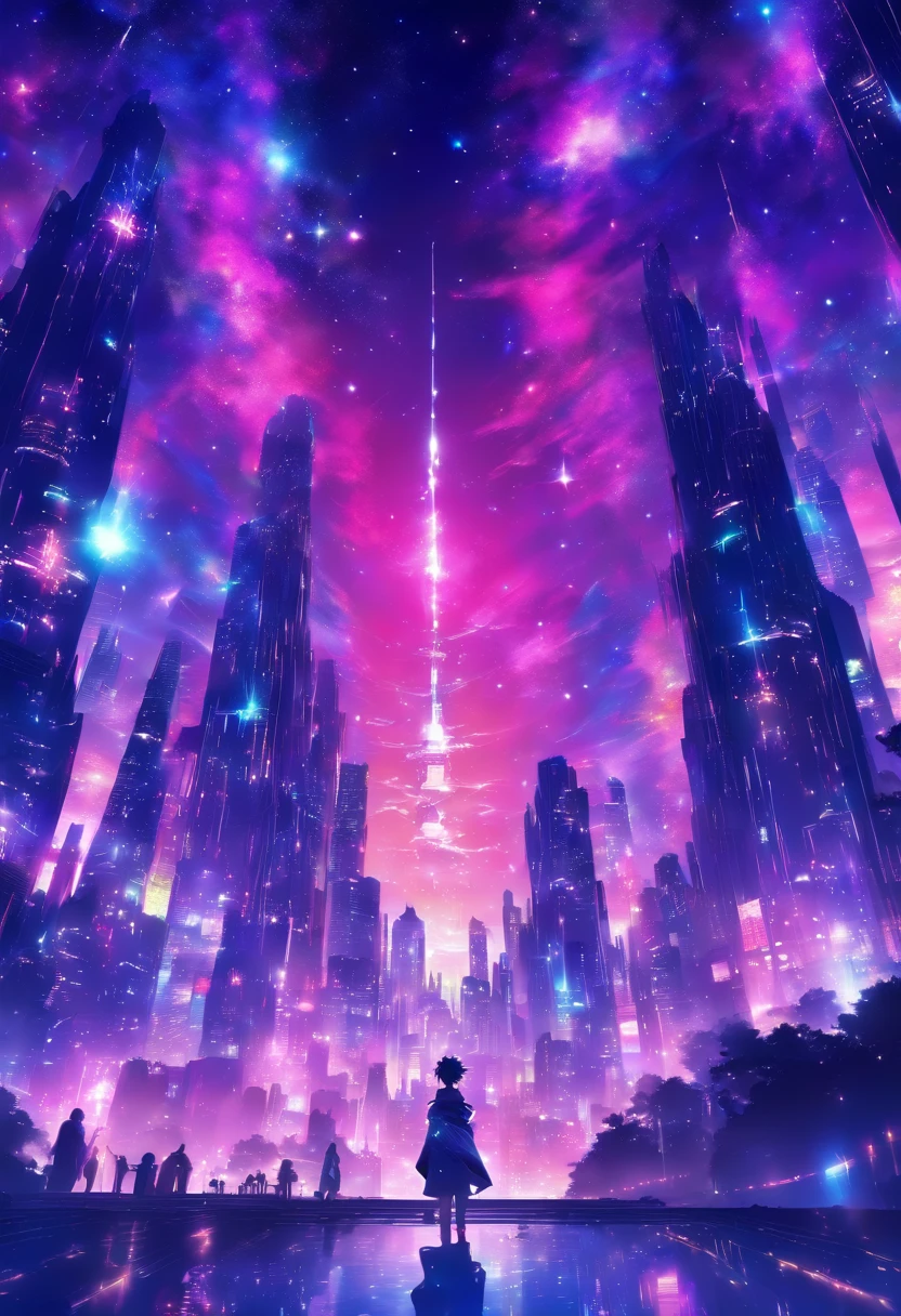 Create an abstract futuristic landscape with a bright metropolis under a starry sky