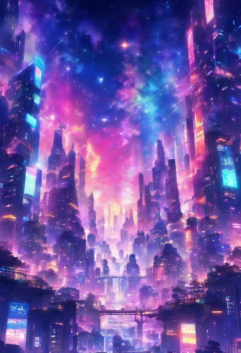 Create an abstract futuristic landscape with a bright metropolis under a starry sky